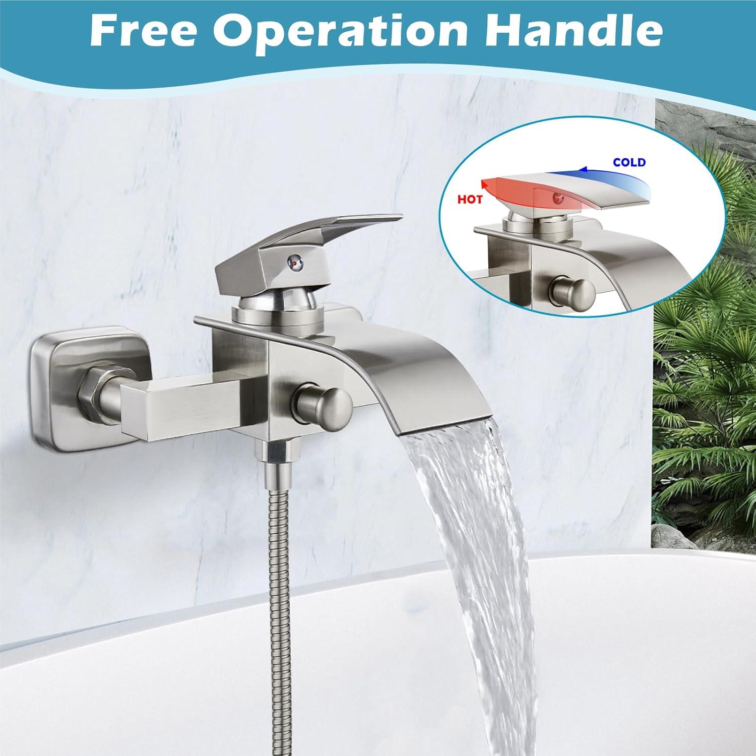 Midanya Wall Mount Bathtub Faucet with Handheld Spray Waterfall Tub Filler Single Handle Bathroom Tub Mixer Tap Hand-Shower System with Curved Spout Commercial,Brushed Nickel