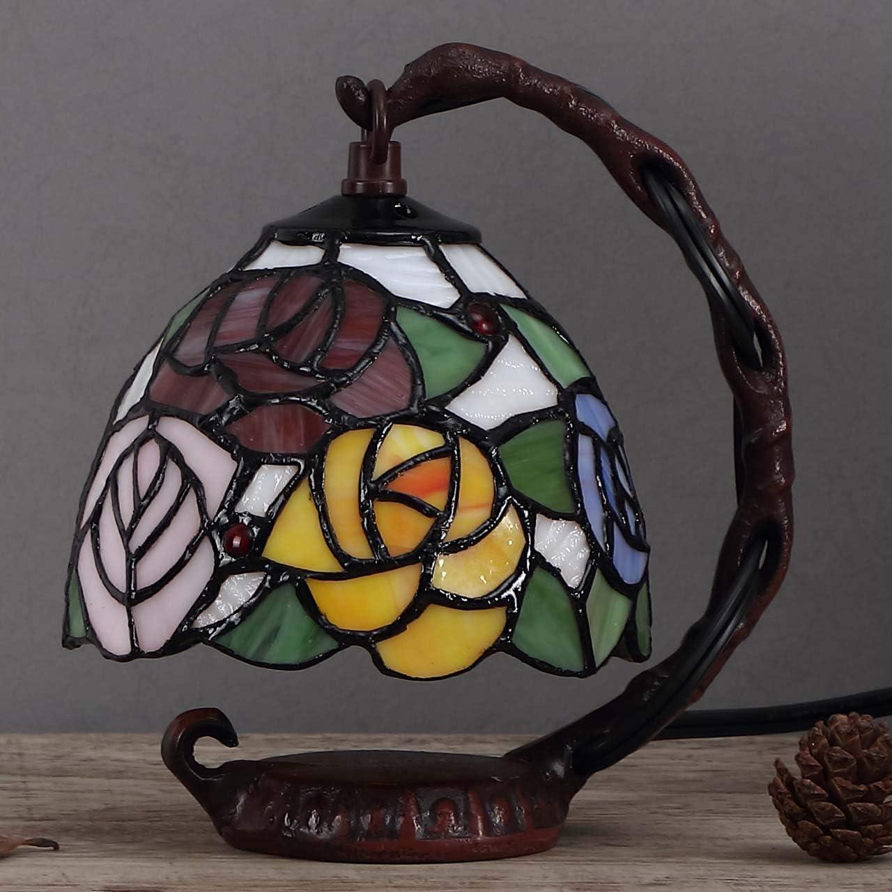 World Menagerie Rose Tiffany Style Stained Glass Table Lamp With 6-Inch Wide Lampshade Hanging On The Cast Iron Base (Pink)