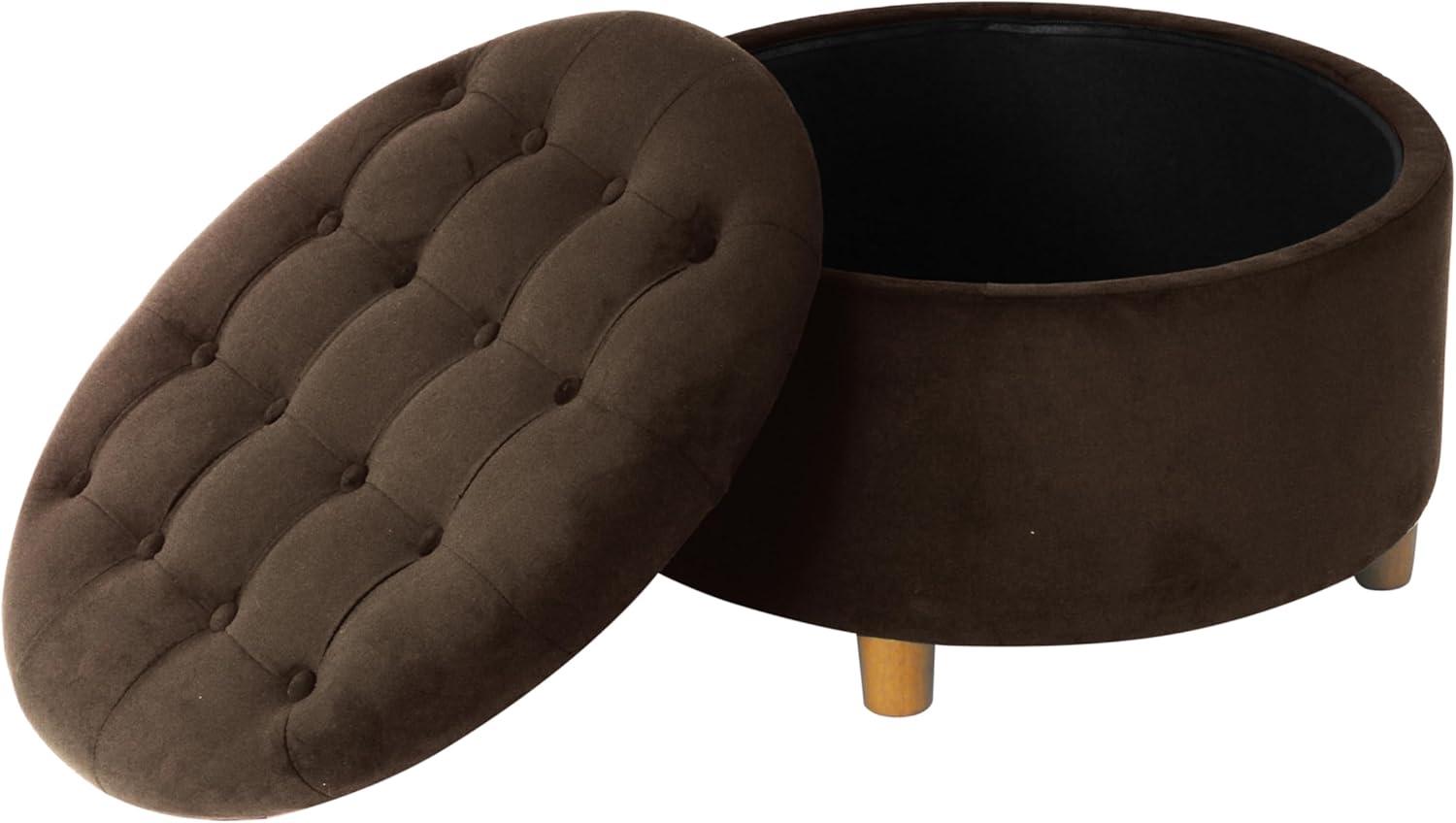 Tufted Round Storage Ottoman Velvet Brown - HomePop: Elegant Honey Oak Legs, Upholstered, Easy to Assemble
