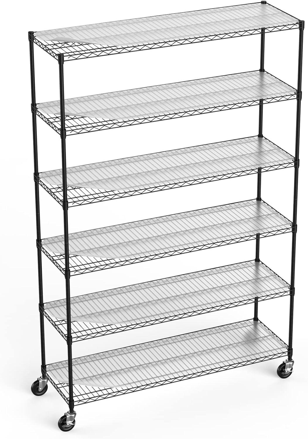 Black 6-Tier Heavy-Duty Adjustable Metal Wire Storage Rack with Wheels