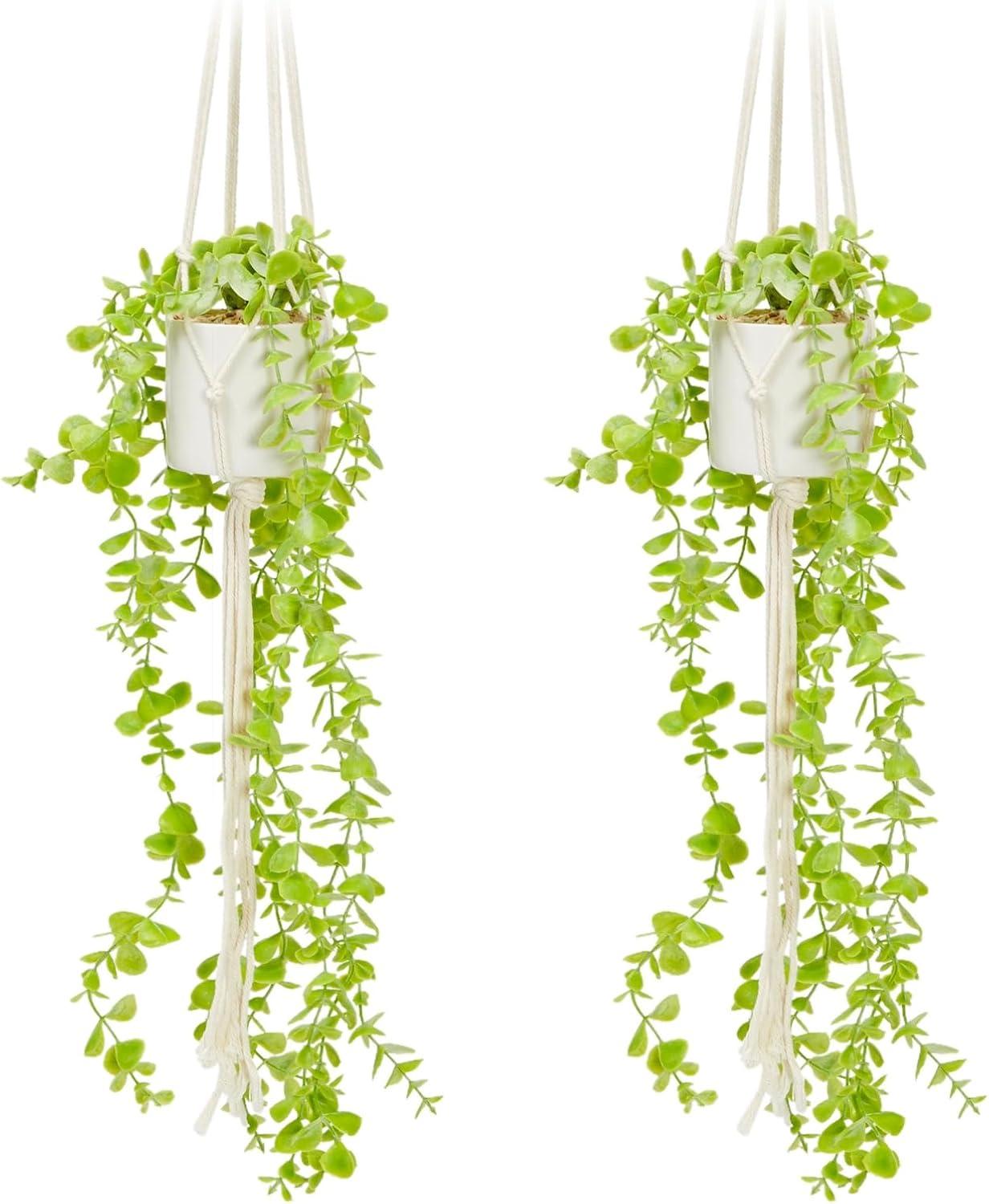 Verdant Bliss 31" Silk Eucalyptus in White Ceramic Pot with Macrame Hanger