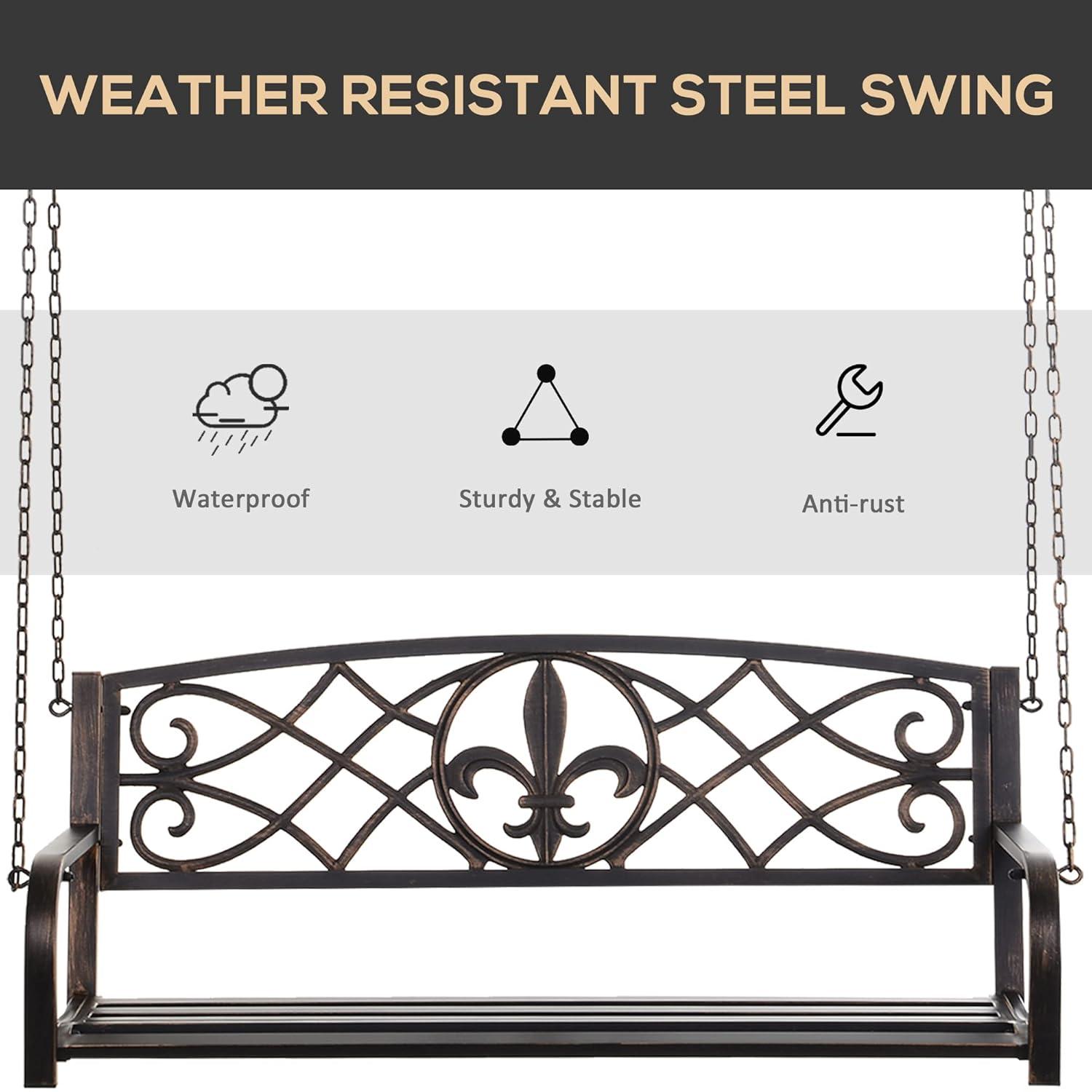 Outsunny 2-Person Porch Swing, Hanging Steel Patio Swing, Outdoor Swing Bench with Fleur-de-Lis Design for Garden Deck, 528 LBS Weight Capacity, Bronze