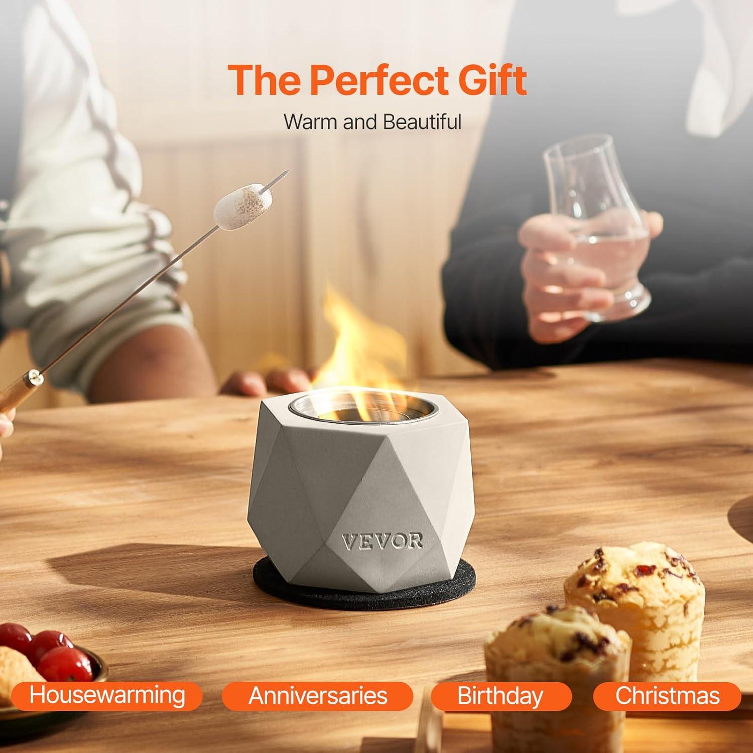 VEVOR Tabletop Fire Pit Bowl, Concrete Tabletop Fireplace Indoor Outdoor Decor, Portable Rubbing Alcohol Burner Smores Maker, Mini Fire Pit for Patio Balcony with Extinguisher Light Gray