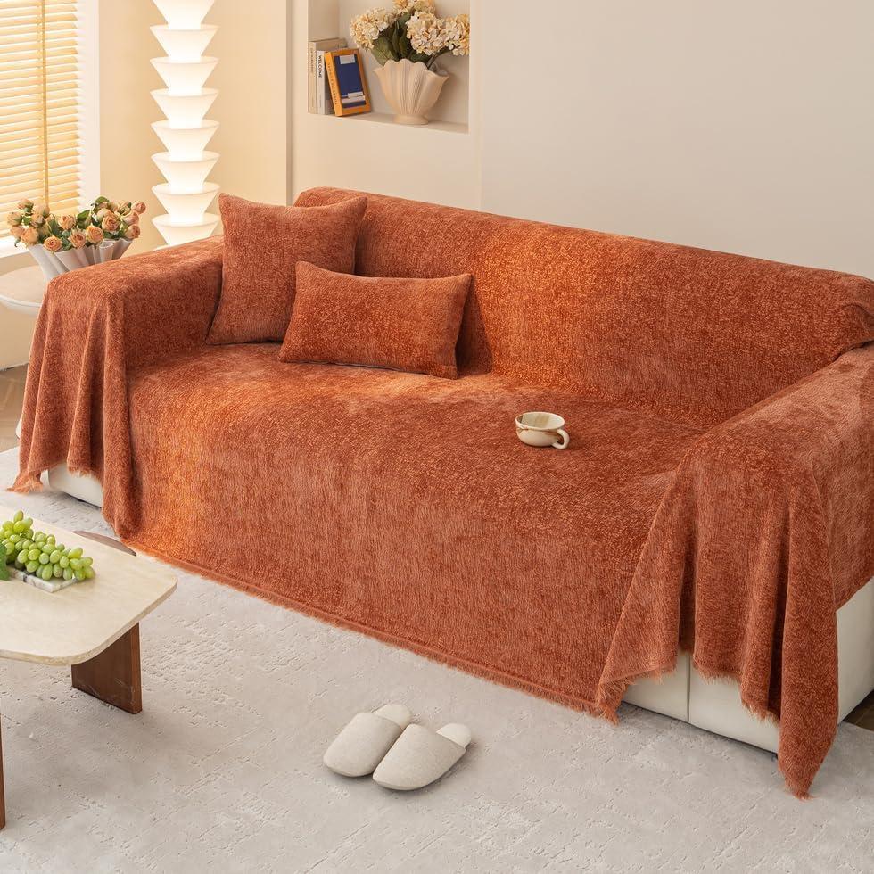 AMWAN Nordic Style Slub Chenille Sofa Cover Burnt Orange Couch Cover Slipcover for 3 Cushion Couch Sectional L Shaped Dogs Pets Sofa Protector 71"x134"