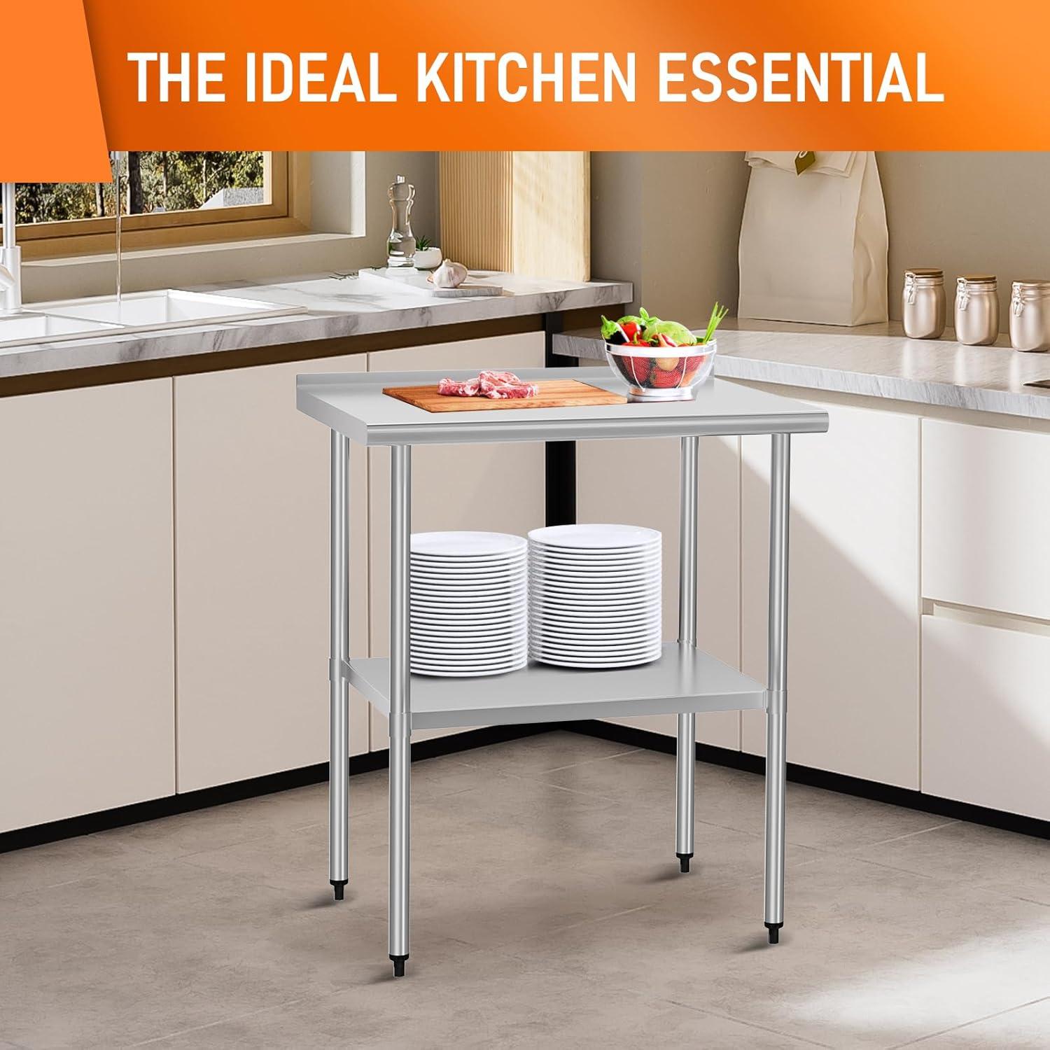 Stainless Steel Table 24" x 30" with Adjustable Undershelf and Backsplash, Commercial Metal Workstations for Kitchen, Garage, Outdoor BBQ