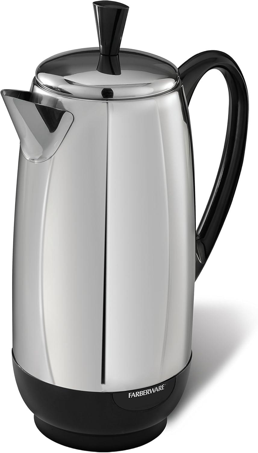 Farberware 12 Cup Electric Coffee Percolator, Coffee Maker with Stainless Steel Basket, Automatic Keep Warm, No-Drip Spout