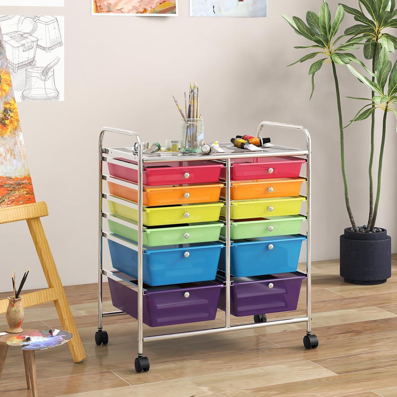 Storage Cart with 12 Drawers Rolling Wheels Semi-Transparent Multipurpose Mobile Rolling Utility Cart for School, Office, Home, Beauty Salon Files Arrangement Storage Organizer Cart, Multi-color