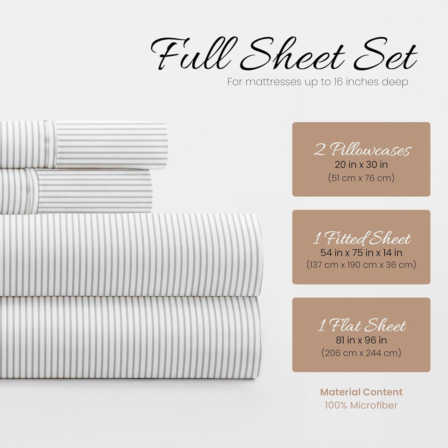 Linen Market Double-Brushed Patterned Microfiber Full Sheet Set 4 Piece – Oeko-TEX Certified Ultra Soft & Wrinkle-Free - 16" Deep Pocket Sheets - Easy Care Full Size - Pinstriped Light Gray