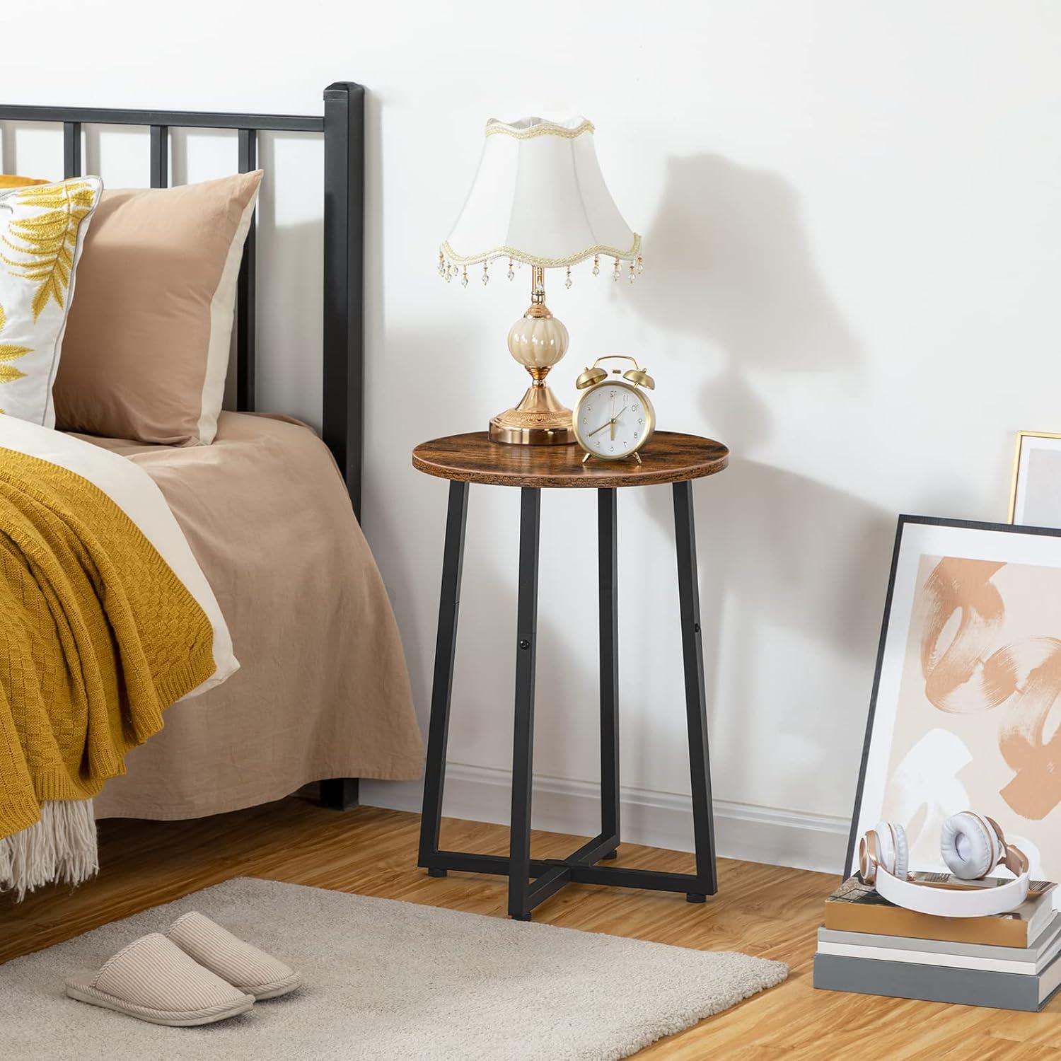 Rustic Brown Round Side Table with Black Metal Frame