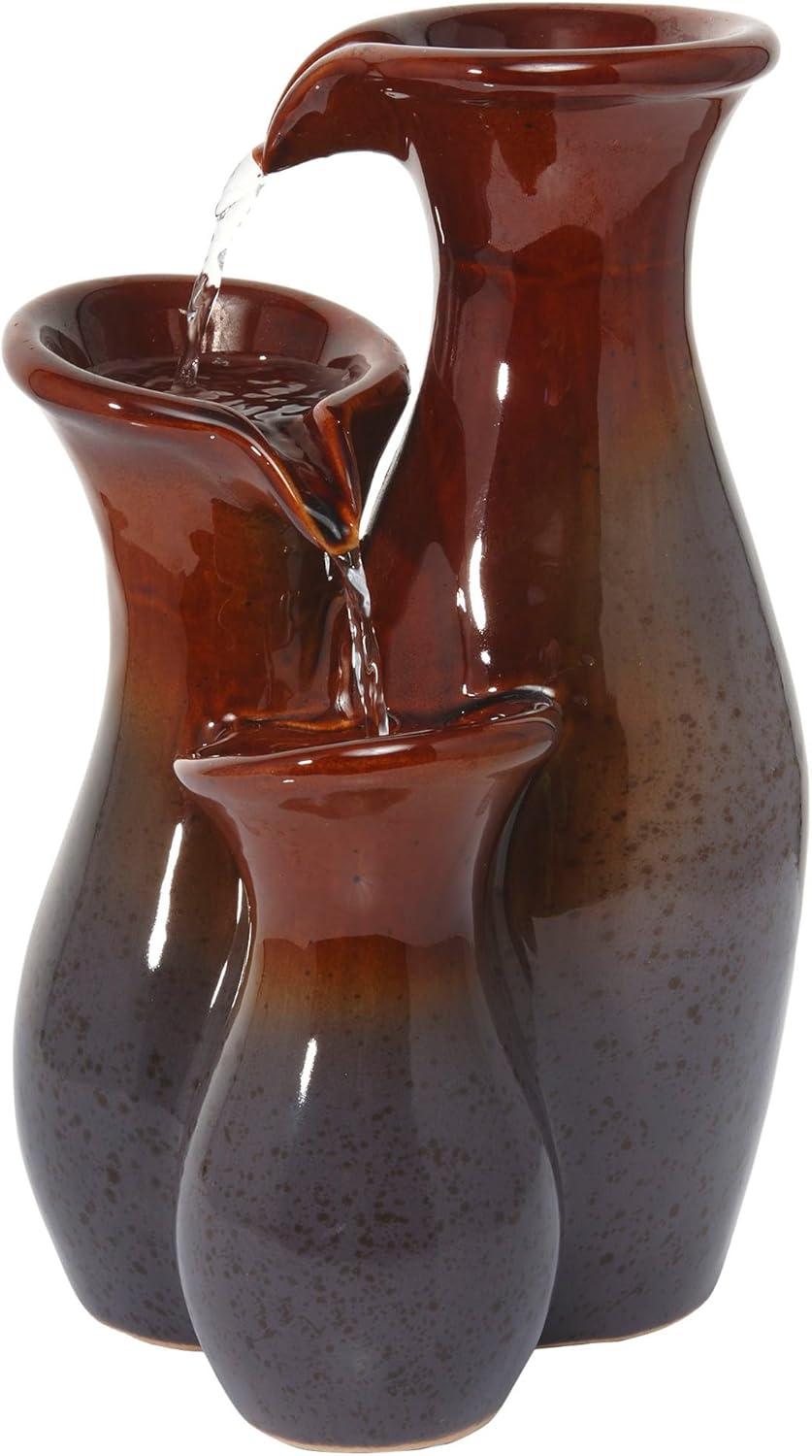Alpine Corporation 11"H Indoor Tiered Glossy Ceramic Vase Tabletop Fountain, Brown/Gray