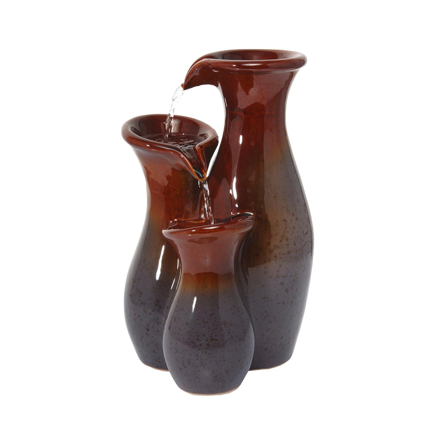 Alpine Corporation 11"H Indoor Tiered Glossy Ceramic Vase Tabletop Fountain, Brown/Gray