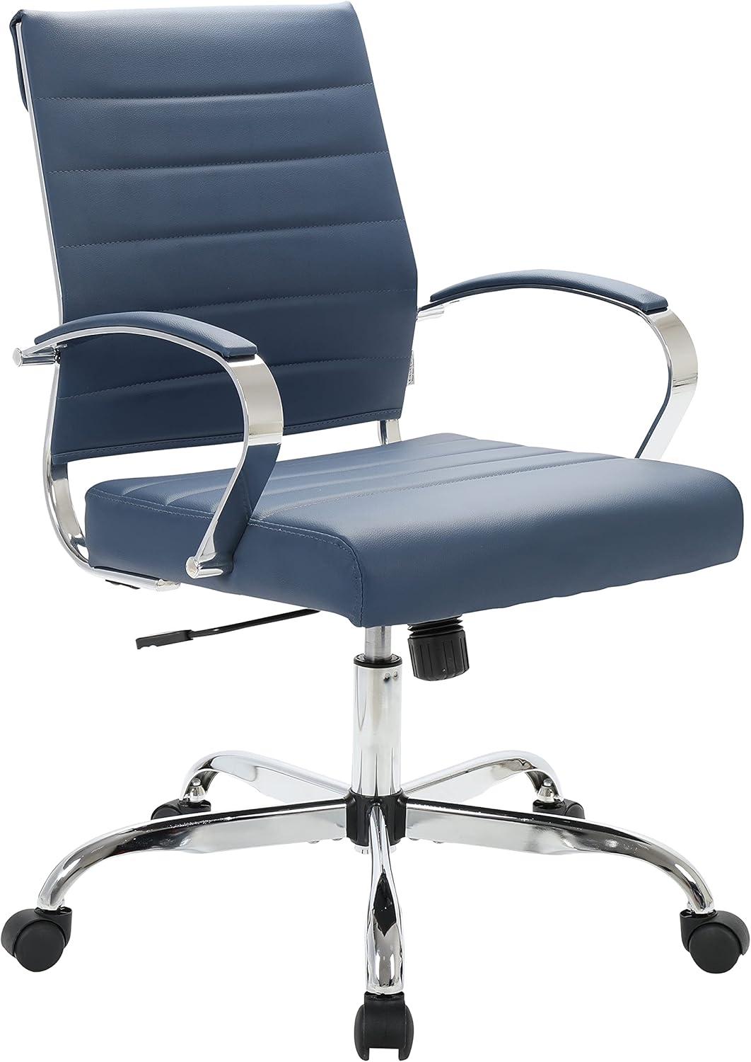 LeisureMod Benmar Mid-Back Office Conference Chair Upholstered in Leather with Swivel and Tilt in Navy Blue