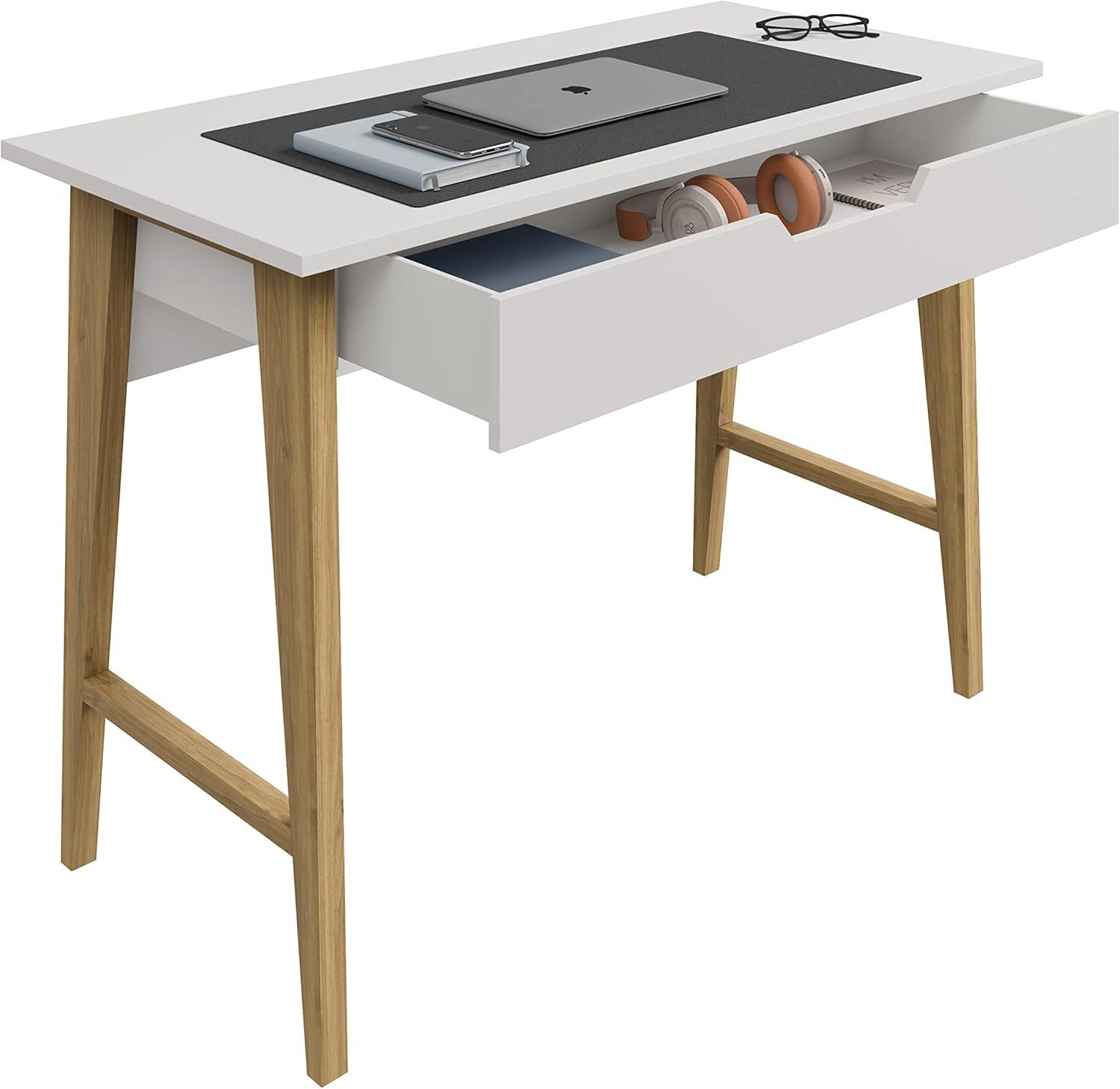 White Rectangular Modern Wood Writing Desk with Drawer