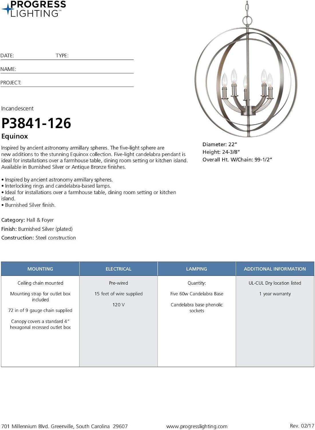 Progress Lighting Equinox 5-Light Chandelier Pendant, Steel, Polished Nickel, No Shade