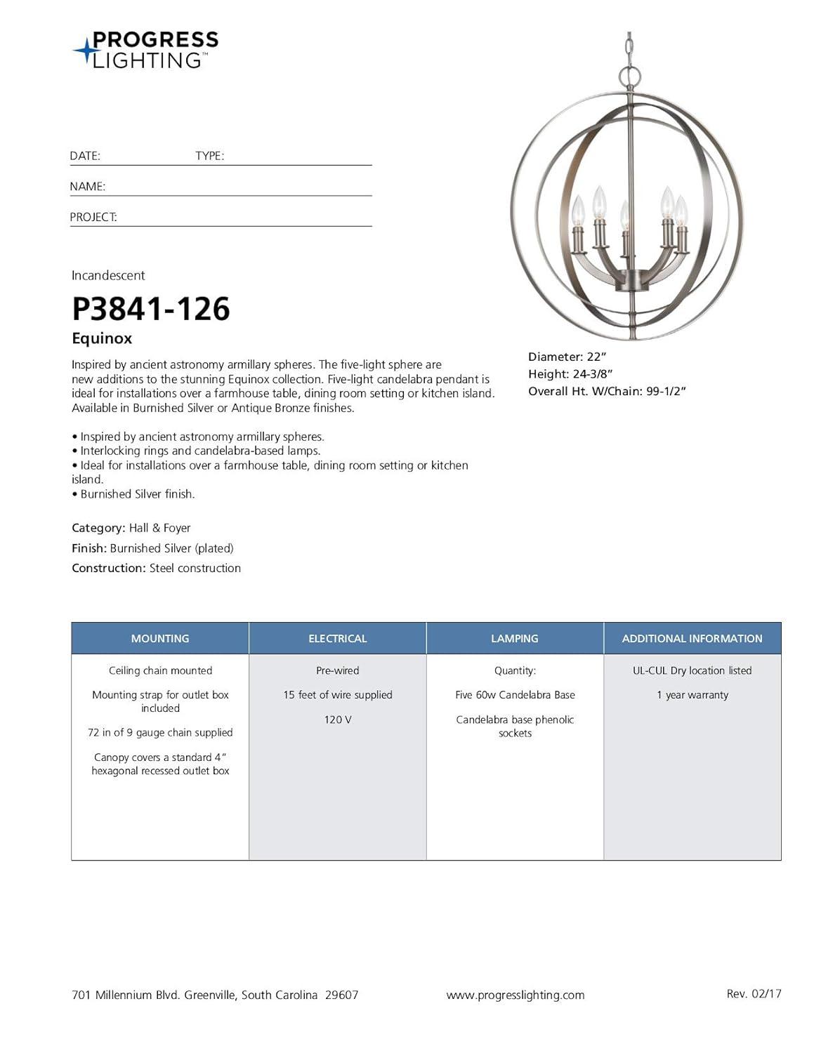 Progress Lighting Equinox 5-Light Chandelier Pendant, Steel, Polished Nickel, No Shade