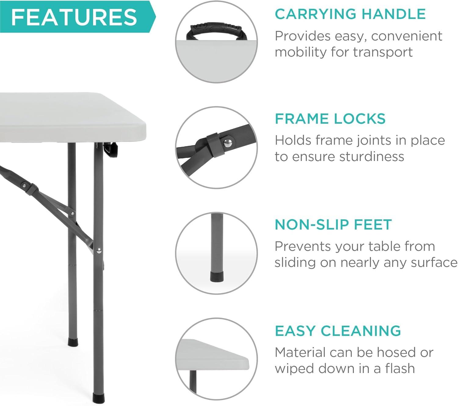 Best Choice Products 4Ft Plastic Folding Table, Indoor Outdoor Heavy Duty Portable W/ Handle, Lock For Picnic