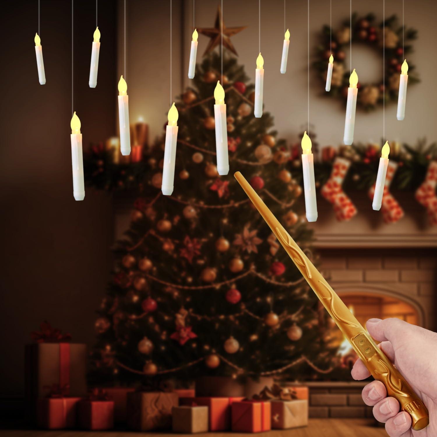 NEWEEN Set of 24 Flamelesss LED Taper Candles with Warm White Flickering Flame Light, Battery Operated Floating Candles, LED Taper Handheld Candlesticks for Church Party Halloween Decorations