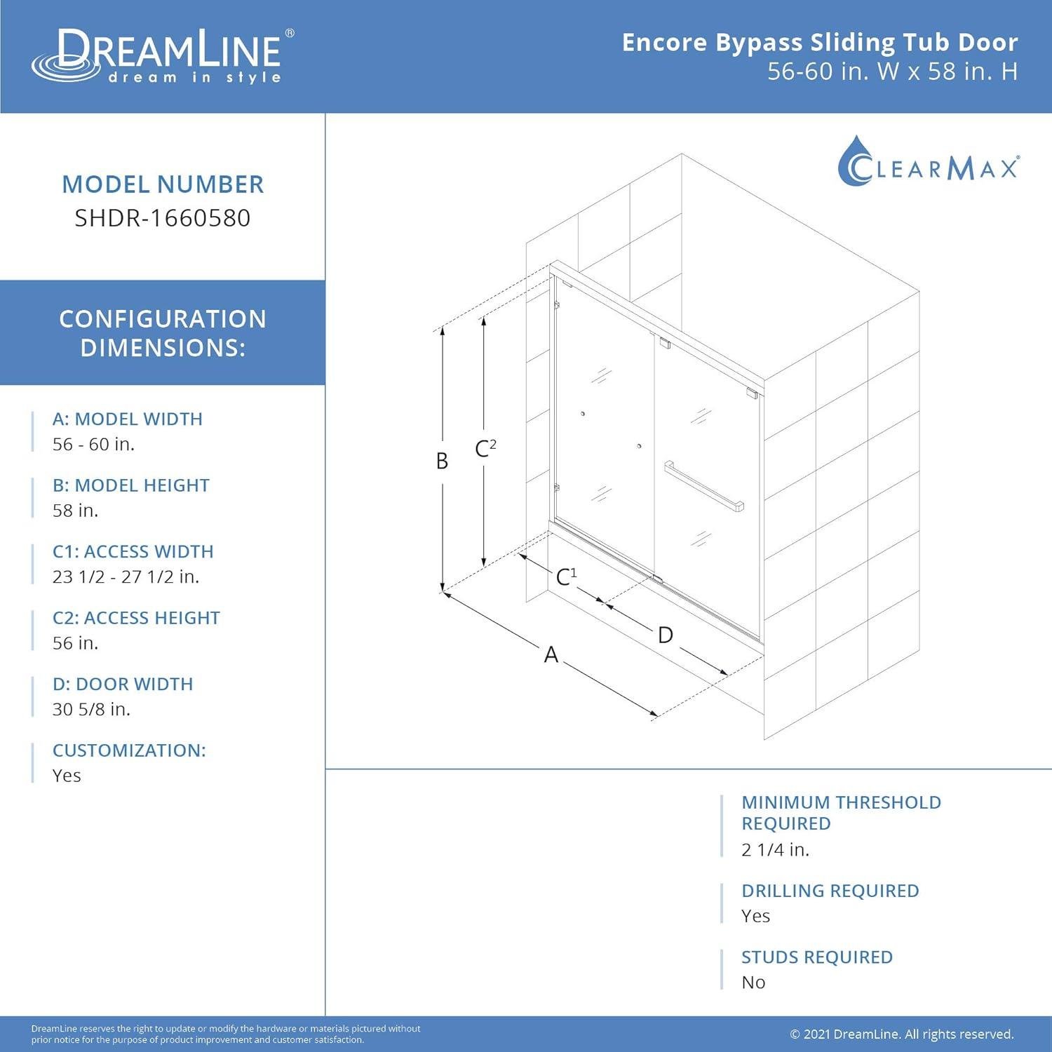 Encore 56" W x 58" H Semi-Frameless Tub Door with ClearMax Technology