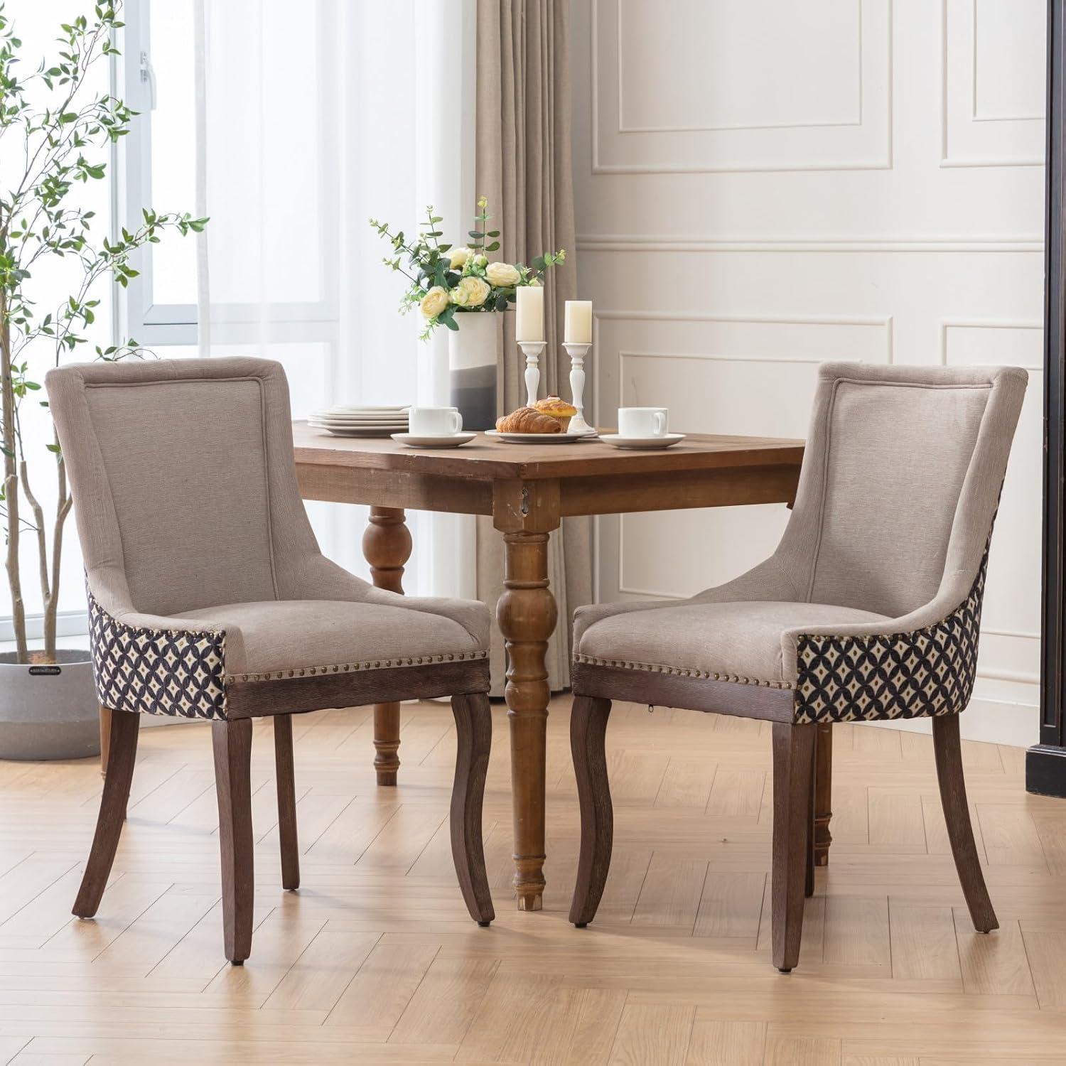 Beige and Black Upholstered Dining Chairs with Wood Legs