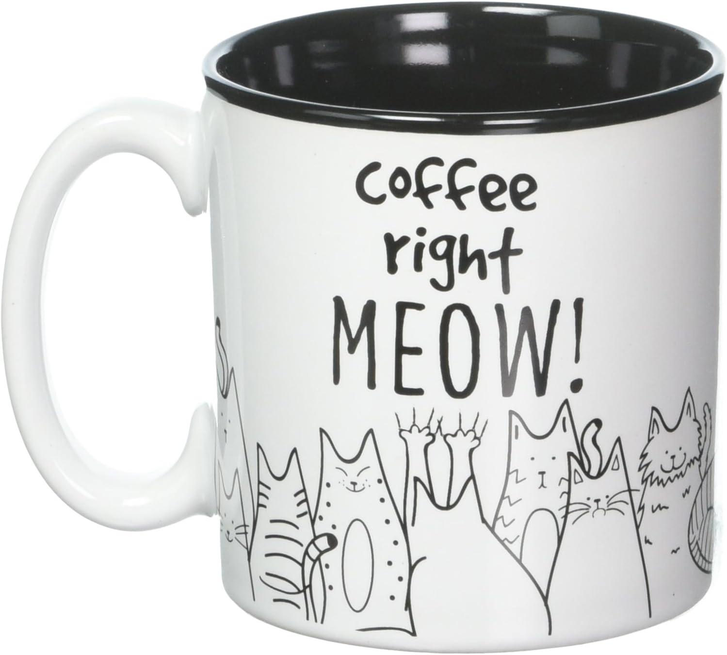 BnB Cat Lovers Mug Coffee Right Meow Funny Message Novelty Ceramic Cup for Java, Hot Tea or Hot Chocolate 13 oz 3.75 in H x 5 in W x 3.5 in D, Black and White with Feline Animated drawings, One in box