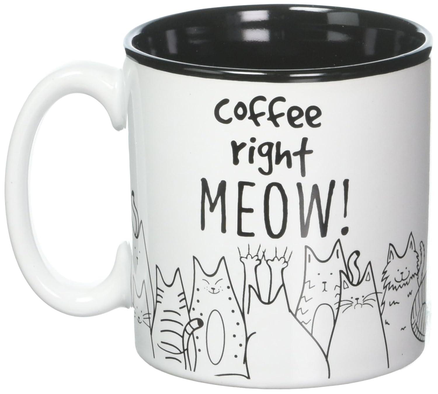 BnB Cat Lovers Mug Coffee Right Meow Funny Message Novelty Ceramic Cup for Java, Hot Tea or Hot Chocolate 13 oz 3.75 in H x 5 in W x 3.5 in D, Black and White with Feline Animated drawings, One in box
