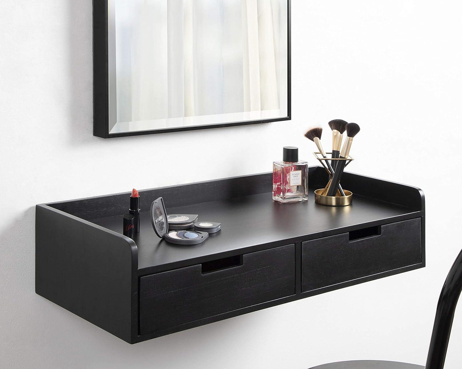 Sleek Black Wood and Metal Floating Console Desk with Storage