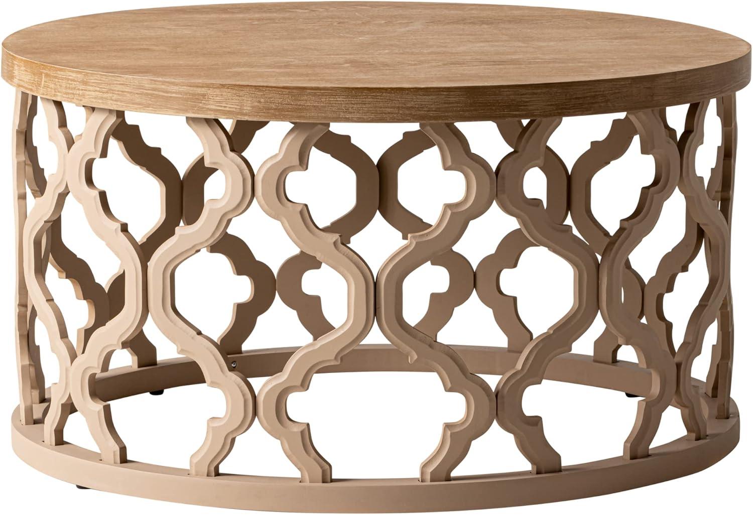 Round Natural Wood Coffee Table with Curved Motif Frame