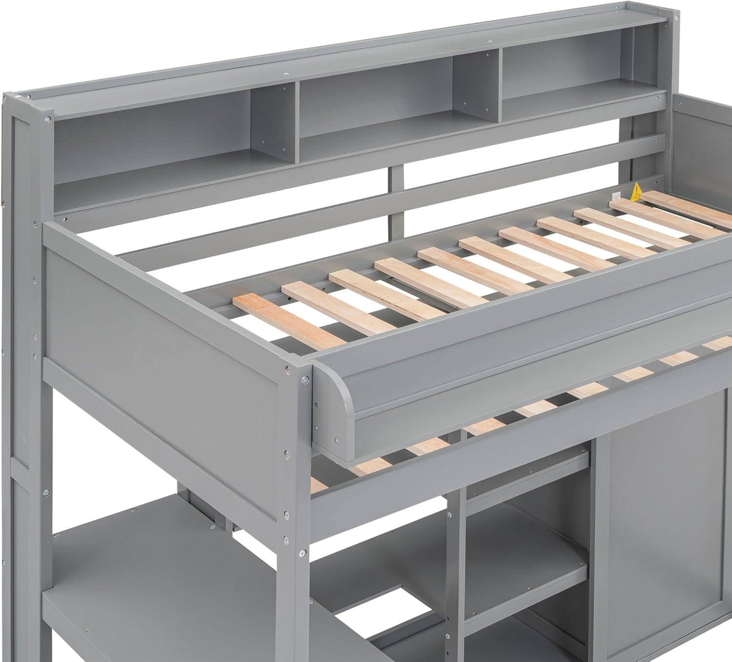 Bellemave Twin Size Loft Bed with Wardrobes and Desk, Wood Loft Beds Frame with Storage Shelves and Cabinet, High Loft Bed for Kids Teens Adults (Gray)