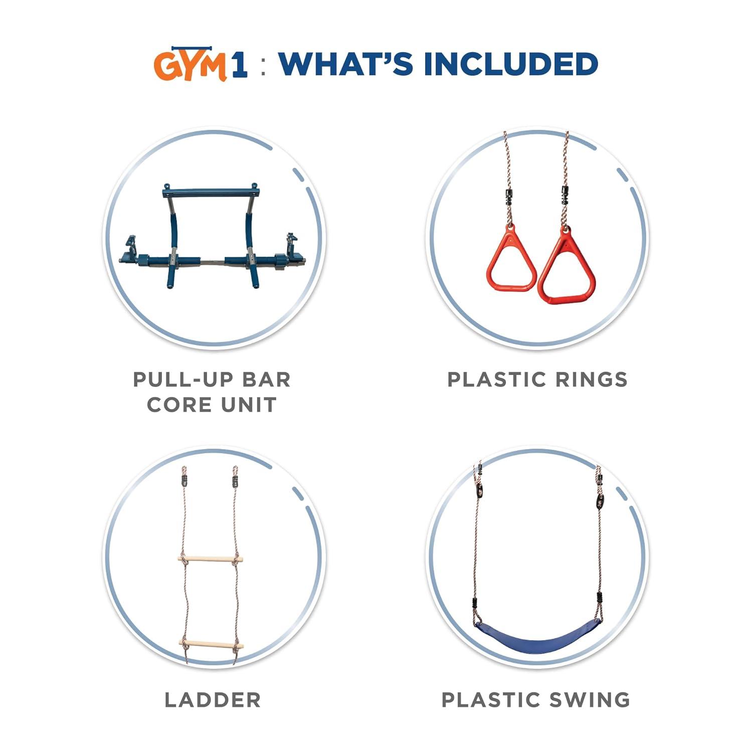 Gym1 4-Piece Deluxe Indoor Doorway Gym Set for Kids | Includes Swing Chair, Pull-Up Bar, Rings & Ladder