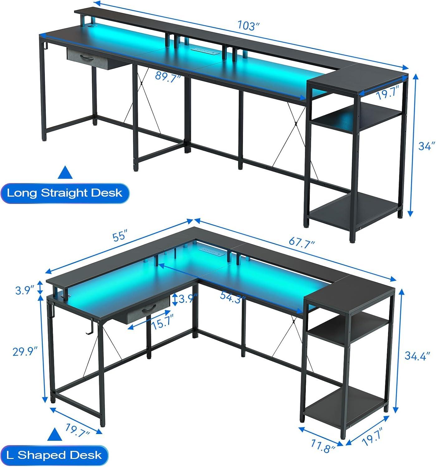 Jojoka Reversible 68" L Shaped Gaming Desk With LED Light Strip & Power Outlets,Office Corner Computer PC Home Desk With Storage Shelf,Monitor Stand & File Drawer,Two Person Desk,Workstation,Black