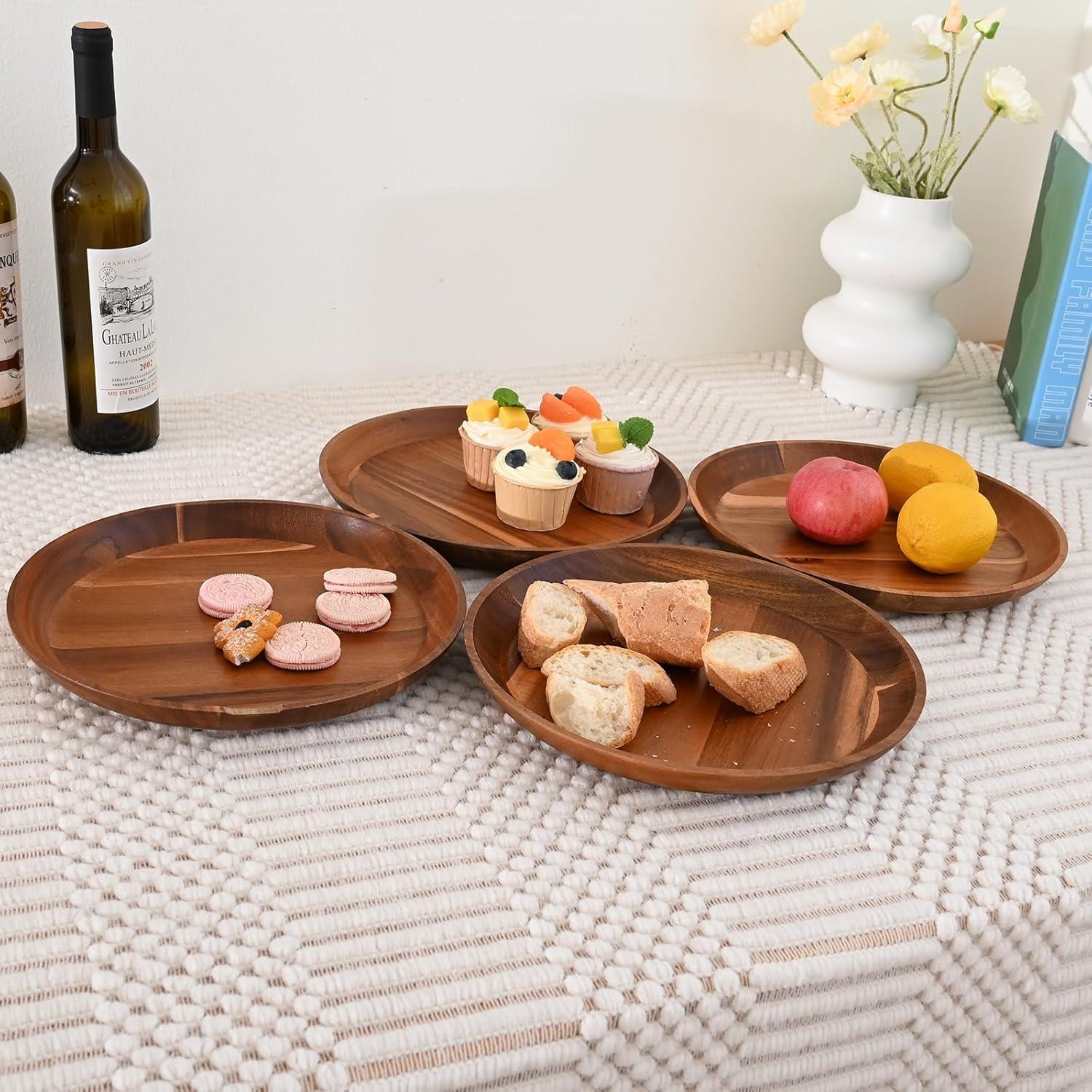 11 in Acacia Wooden Dinner Plate Set (Set of 4)