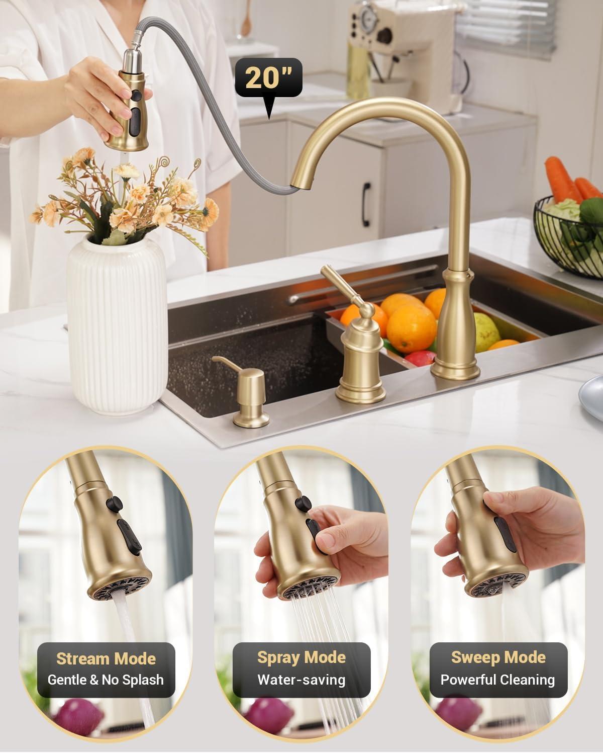 Brushed Gold Stainless Steel Pull Down Kitchen Faucet with Soap Dispenser