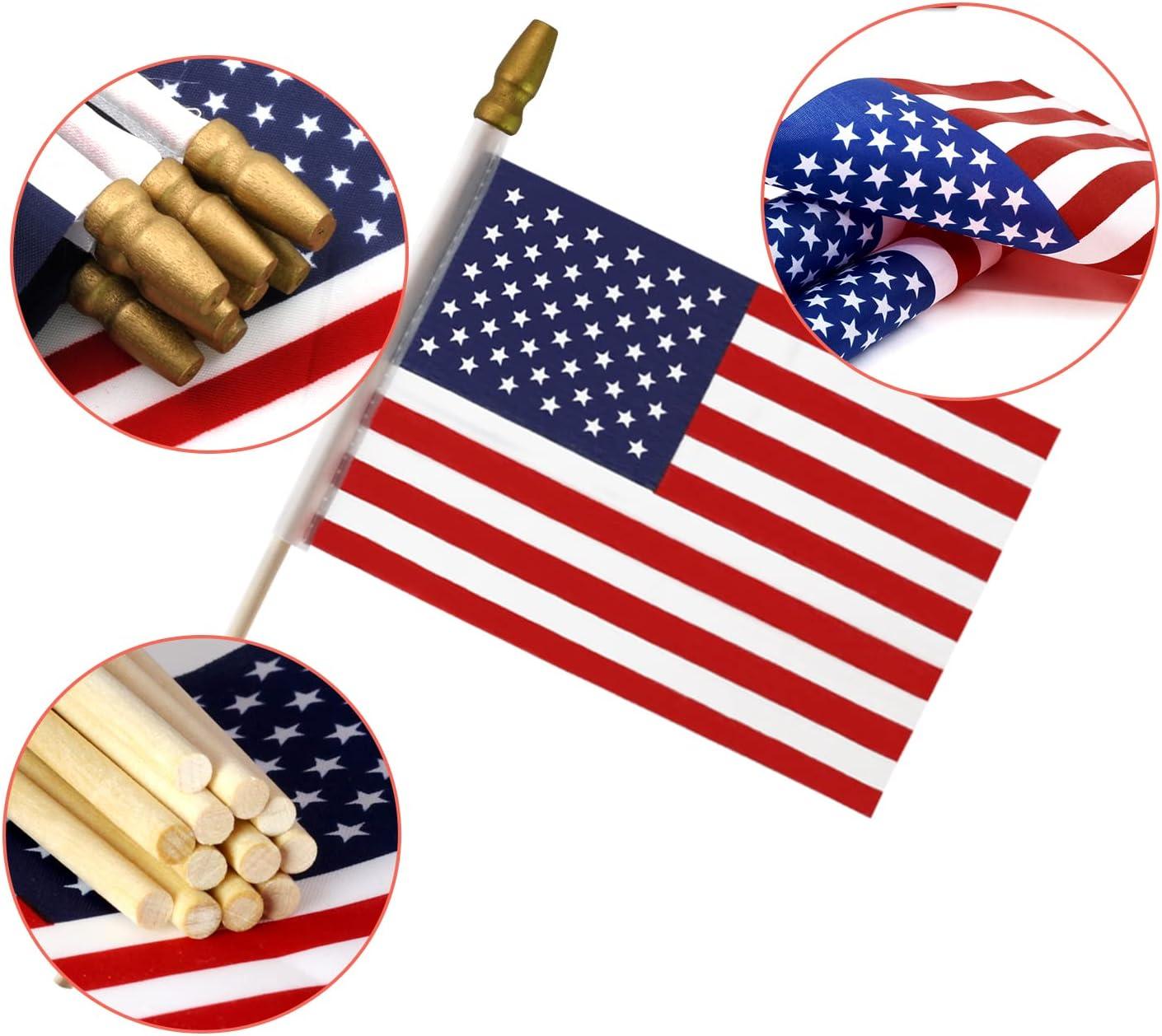 Anley LOT OF 50 - USA 4x6 in Wooden Stick Flag - July 4th Decoration, Veteran Party, Grave Marker, etc. - HandHeld American Flag with Kid Safe Golden Spear Top (Pack of 50)