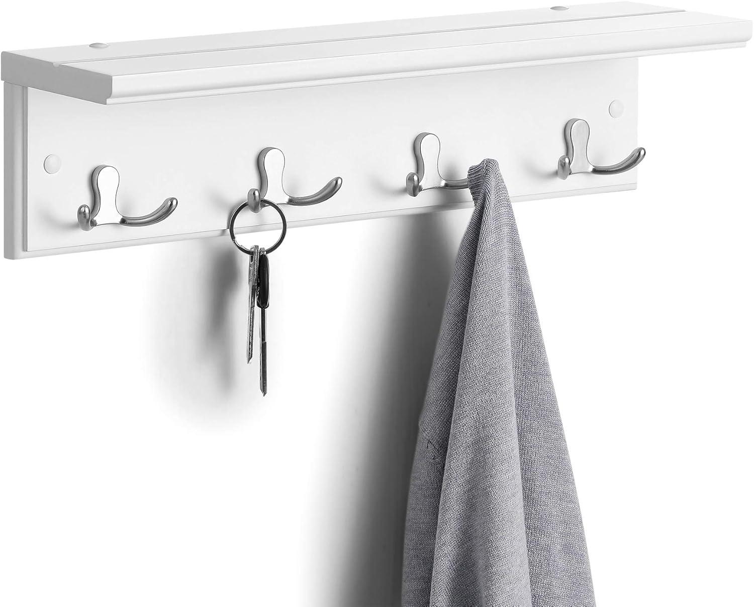 White MDF Wall-Mounted Coat Rack with Shelf and Metal Hooks