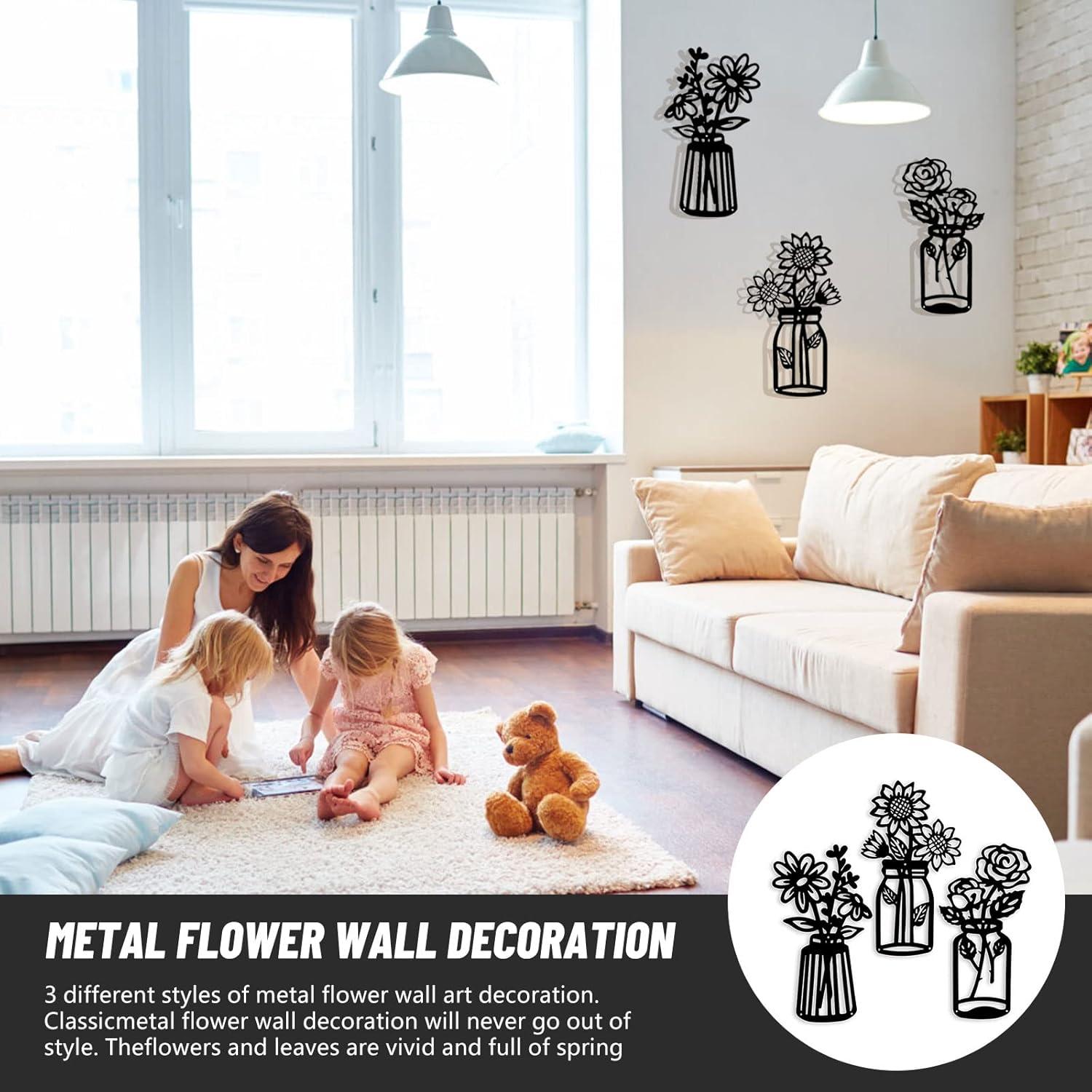 3 Pieces Black Metal Flowers Wall Decor Vase Art Sculptures Hanging for Indoor Kitchen Bathroom Dining Room Patio, 14.56x7.48 Inches