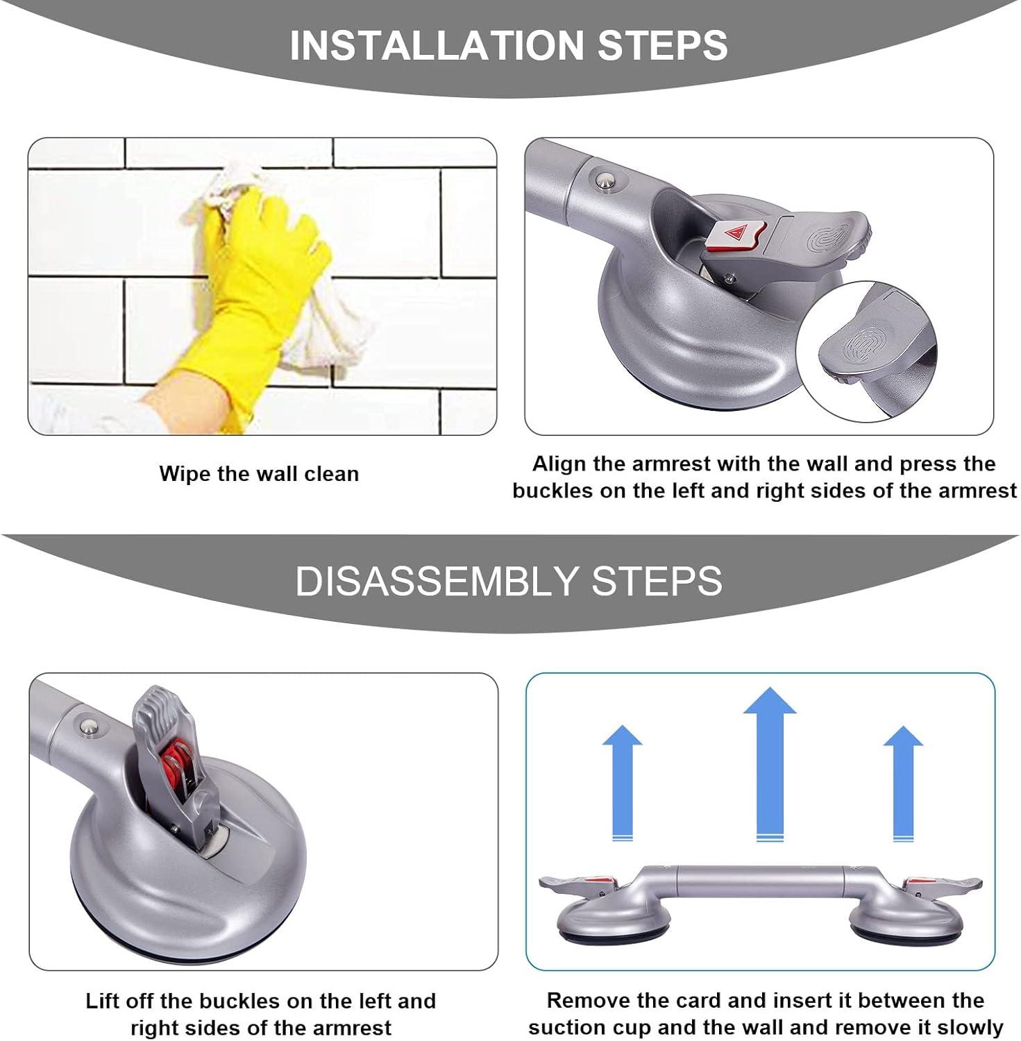 19-Inch Shower Handle - Upgraded Grab Bar with Strong Suction Cups for Bathtub & Shower Safety, Ideal for Seniors, Elderly, Disabled，Silver
