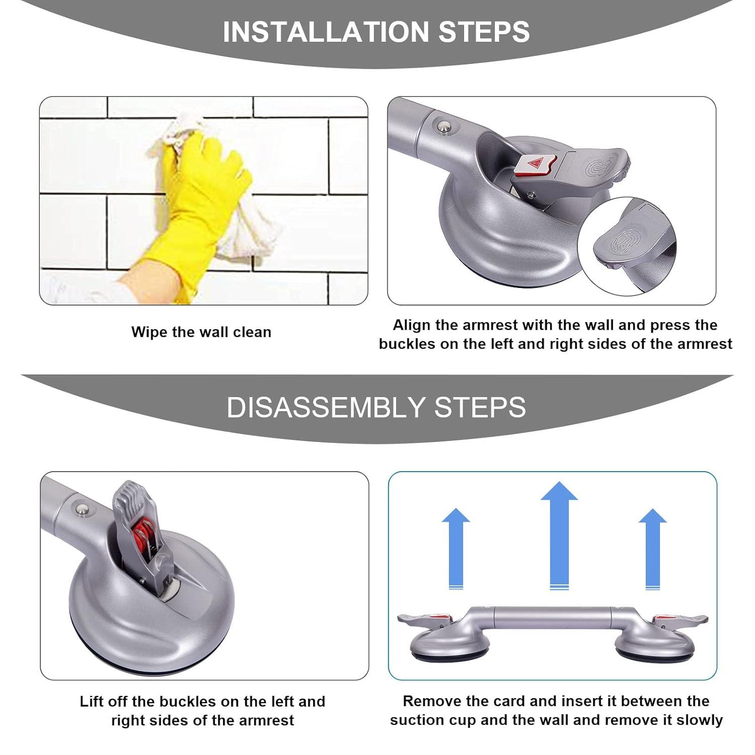 19-Inch Shower Handle - Upgraded Grab Bar with Strong Suction Cups for Bathtub & Shower Safety, Ideal for Seniors, Elderly, Disabled，Silver