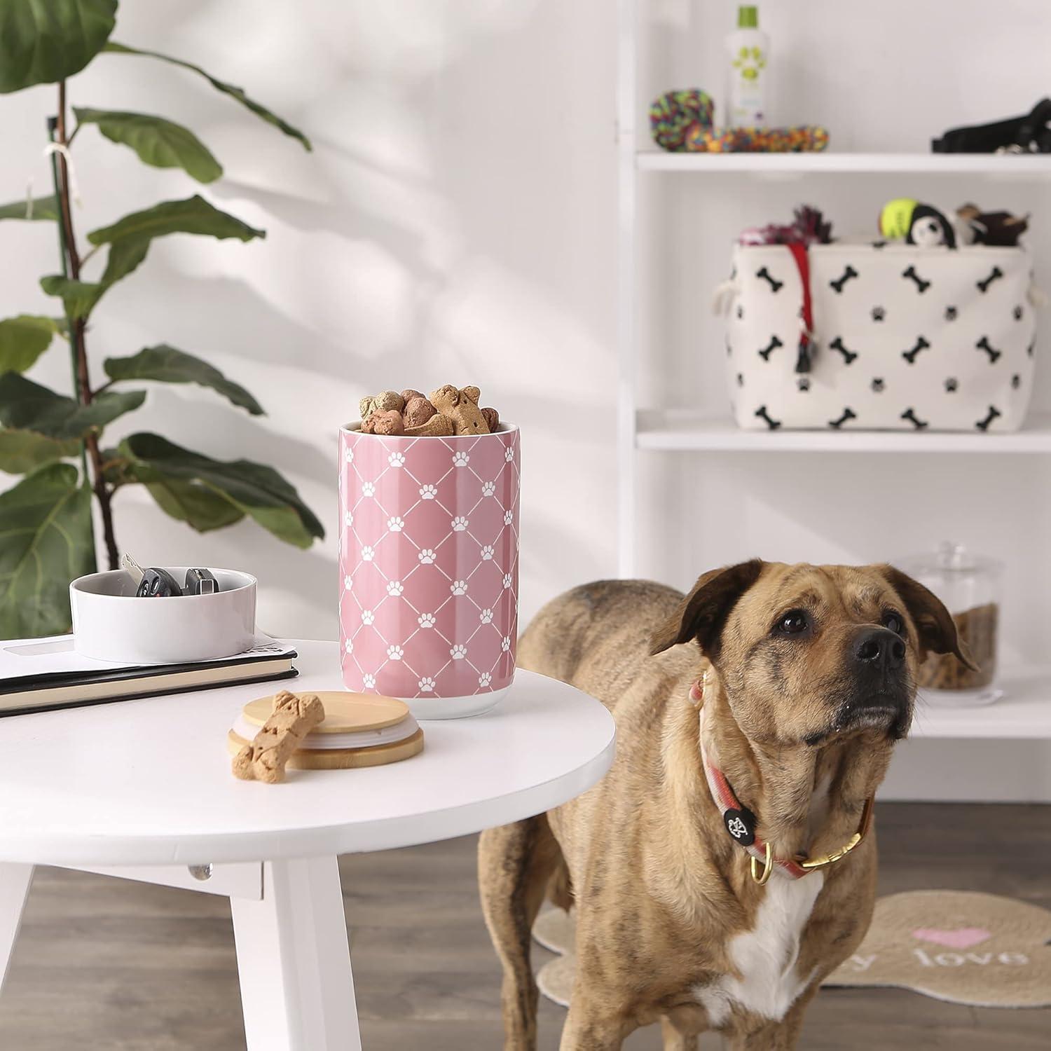 Rose Ceramic Pet Treat Canister with Bamboo Lid