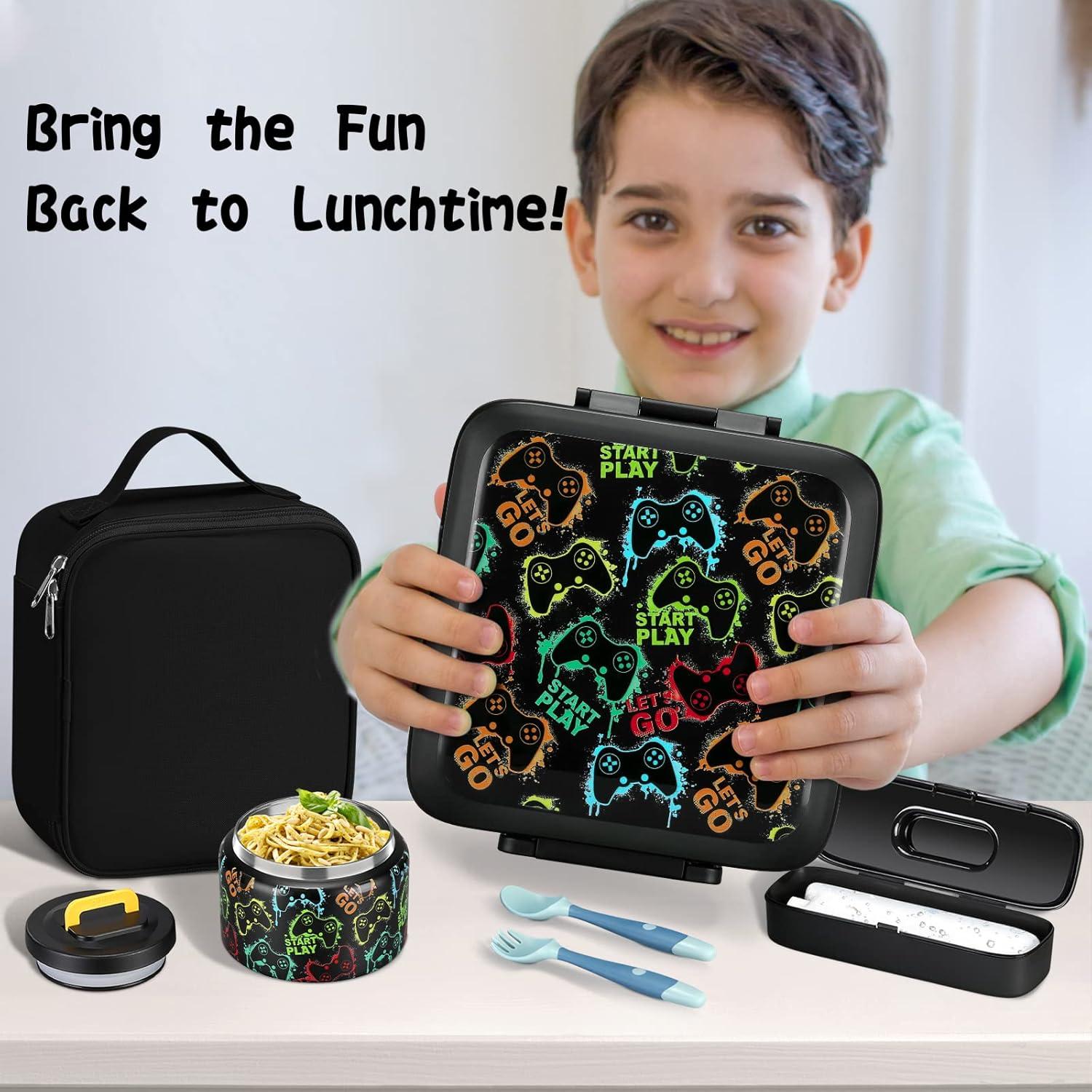 Bento Lunch Box for Kids With 8oz Soup thermo,Leak-proof Lunch Containers with 5 Compartment,thermo Food Jar and Lunch Bag, Food Containers for School (A-Black(Game Consoley))