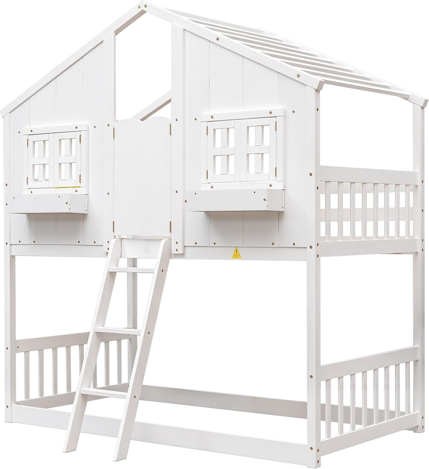 Harper & Bright Designs House Bunk Bed Twin Over Twin Kids Bunk Bed Wood Frame with Roof, Window, Window Box, Door, Safety Guardrails and Ladder, for Girls Boys (Twin Size, White)