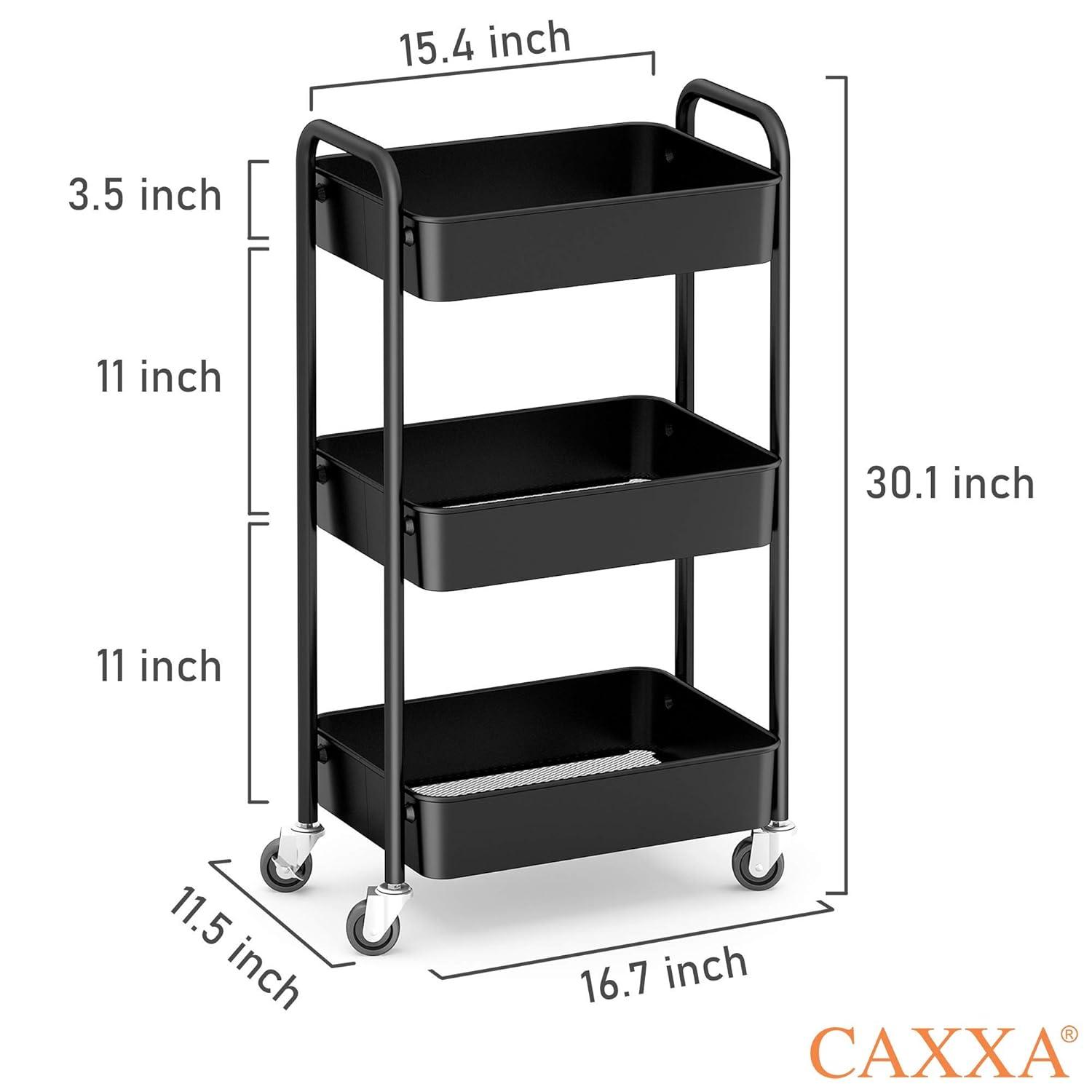 Zeki Shoggy 3-Tier Rolling Metal Storage Organizer - Mobile Utility Cart, Kitchen Cart With Caster Wheels (Black)