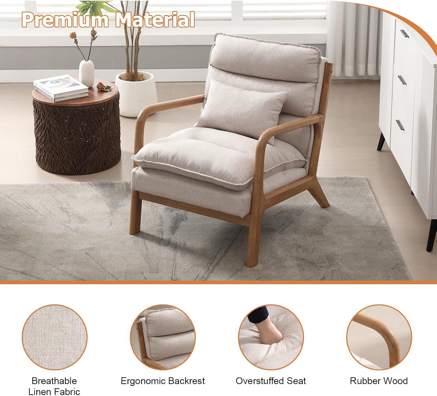 Karl home Accent Chairs Set of 2, Mid-Century Modern Chair with Pillow Upholstered Lounge Arm Chair with Solid Wood Frame & Soft Cushion for Living Room, Bedroom, Balcony, Beige