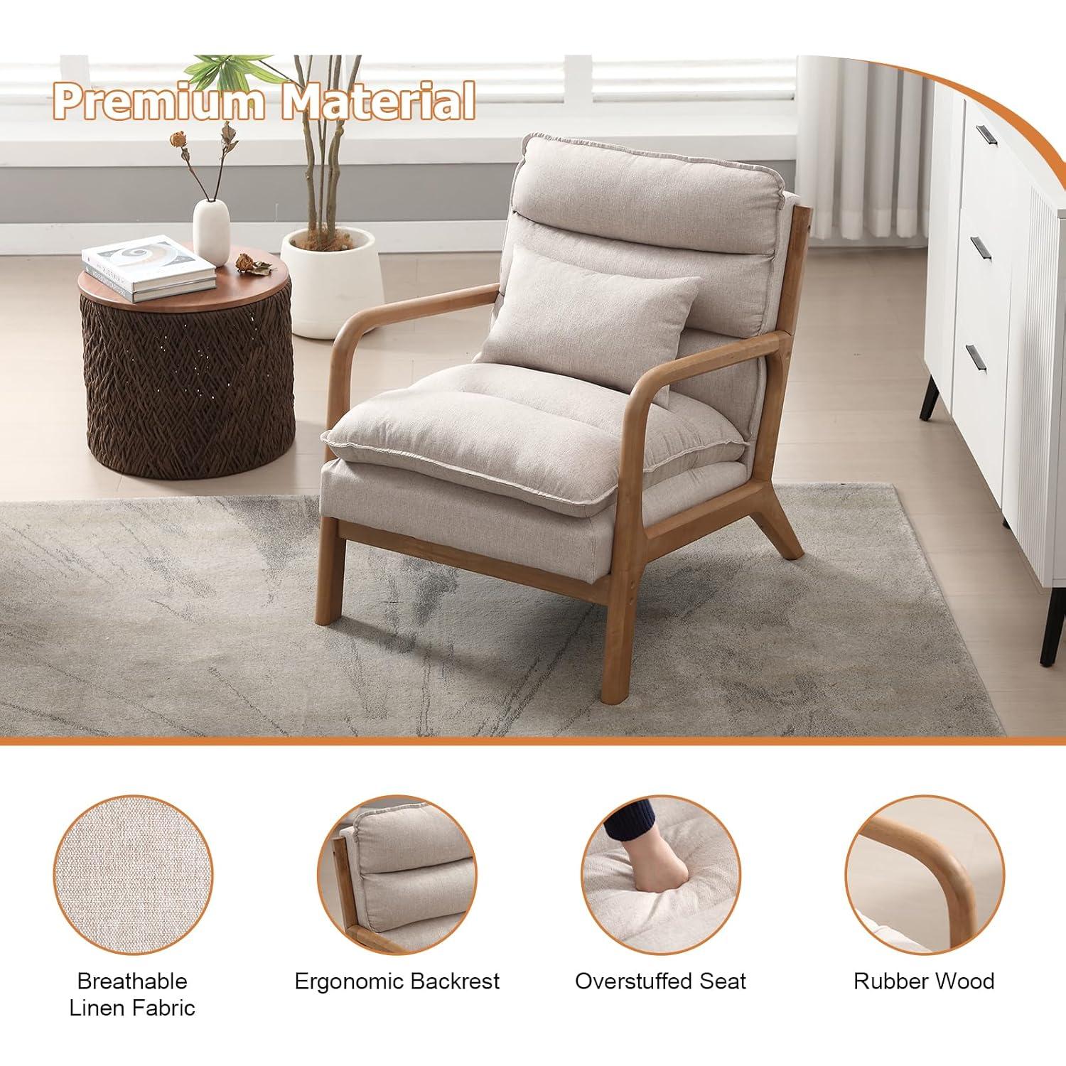 Karl home Accent Chairs Set of 2, Mid-Century Modern Chair with Pillow Upholstered Lounge Arm Chair with Solid Wood Frame & Soft Cushion for Living Room, Bedroom, Balcony, Beige