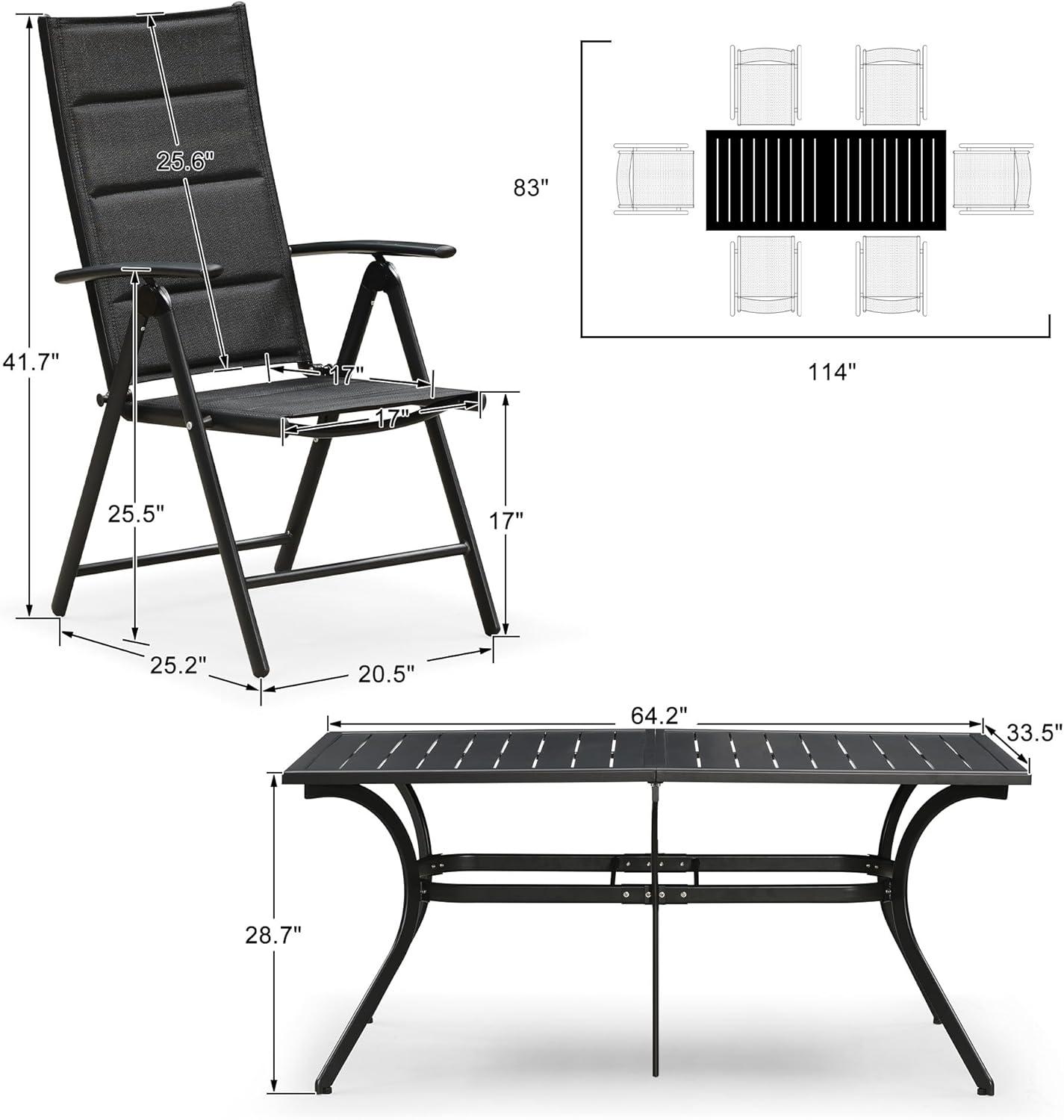 Black Aluminum Outdoor Dining Set with Adjustable Slat Table and Padded Folding Chairs