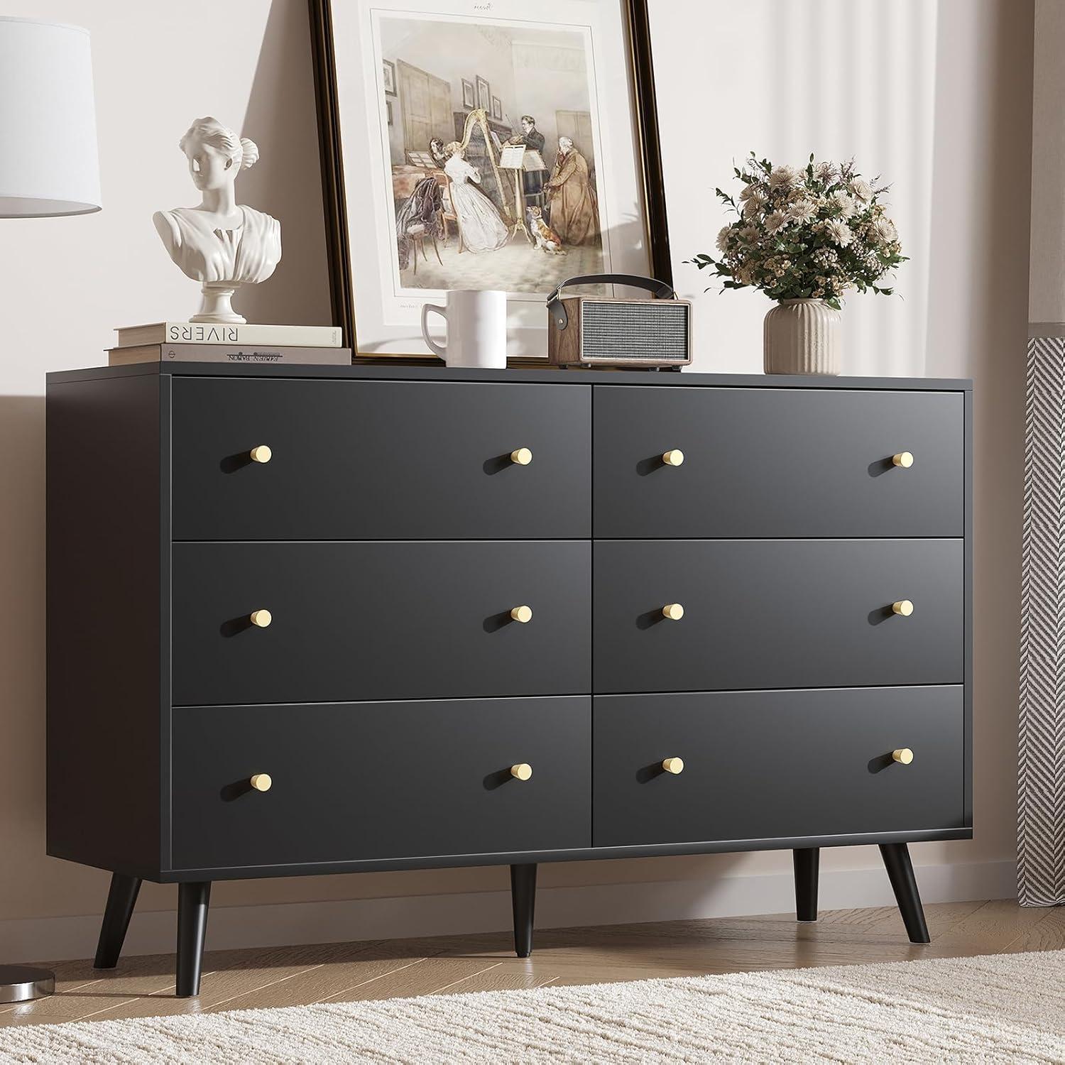 Black Dresser for Bedroom, 6 Drawer Dresser with Golden Handles, Large Storage Cabinet, Modern Chest of Drawers Organizer Storage for Hallyway, Entryway