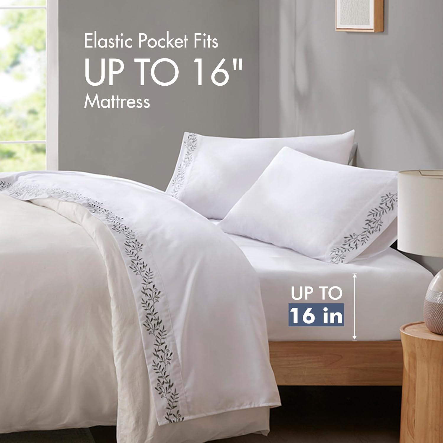 Madison Park Soft Brushed Microfiber Sheets Set, Elegant Embroidery Hem Design, Premium 14" Elastic Pocket Fits up to 16" Mattress, All Season Bedding & Pillowcases, Full Green Vine 4 Piece