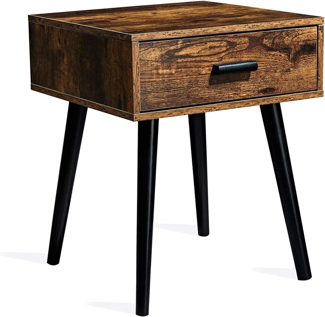 Rustic Brown Wood Nightstand with Drawer and Black Legs