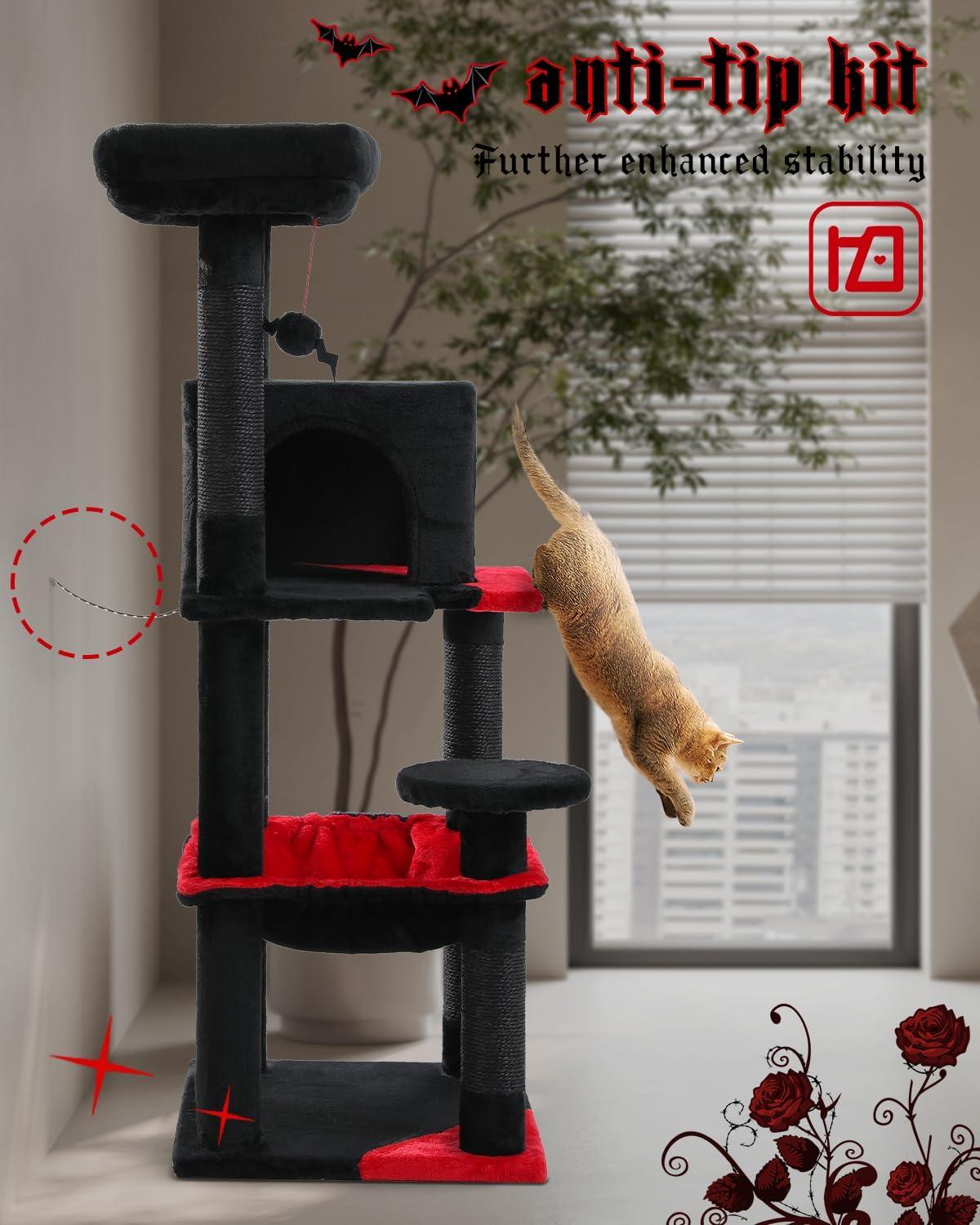 Gothic Cat Tree With Super Large Hammock, 45.7"  Cat Tower With Coffin Bed, Cat Condo, Sisal Scratching Posts & Top Perch, Multi-Level Goth Cat Tree, Halloween