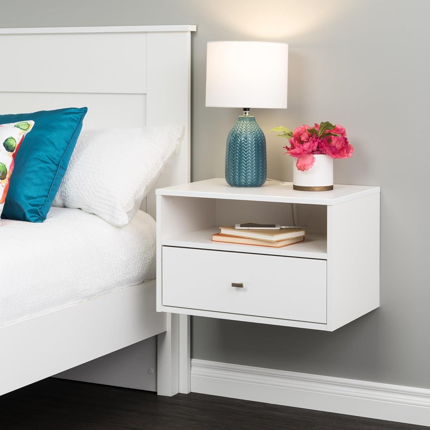 Sleek White Floating Nightstand with Drawer and Cord Management