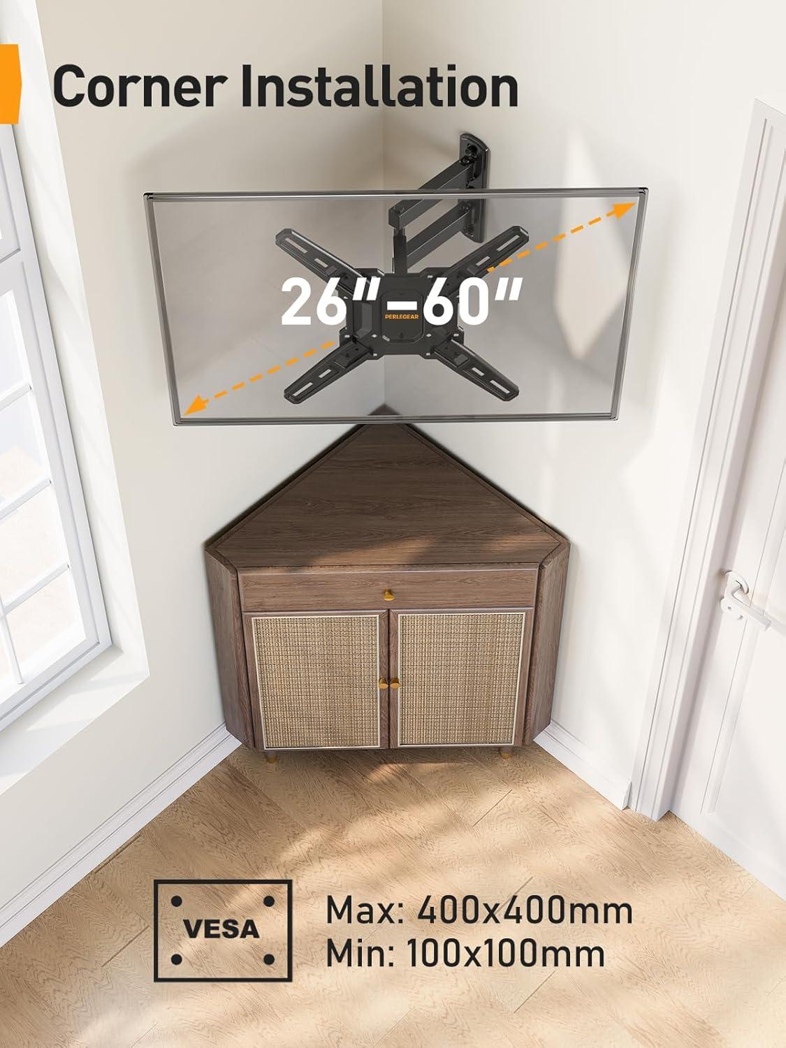 Perlegear Full Motion TV Mount for Most 26–60 inch Flat or Curved TVs up to 82 lbs, Wall Mount TV Bracket with Articulating Arms, Tool-Free Tilt, Swivel, Extension, Max VESA 400x400mm, PGMF3